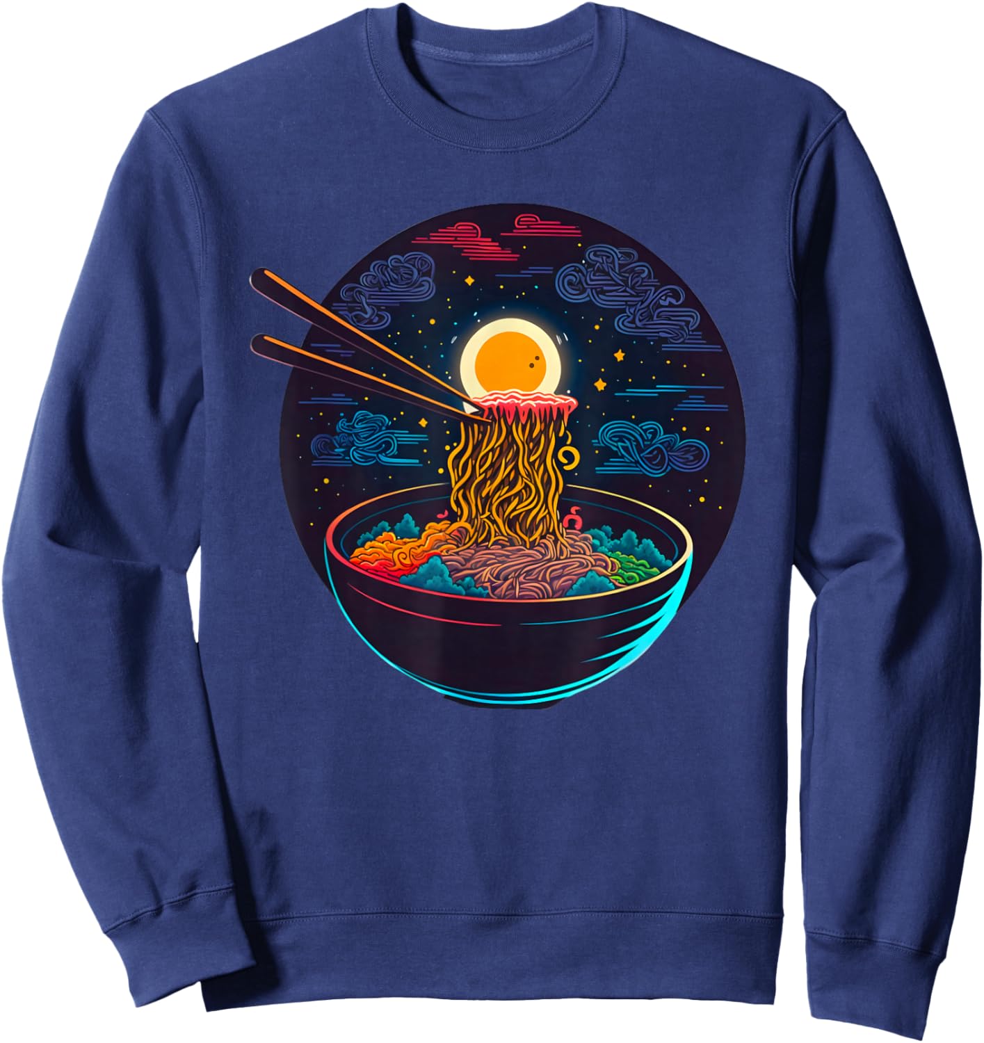 Japanese Moon Ramen Graphic Neon Retro Anime Noodles Art Sweatshirt - Sweatshirt | Navy