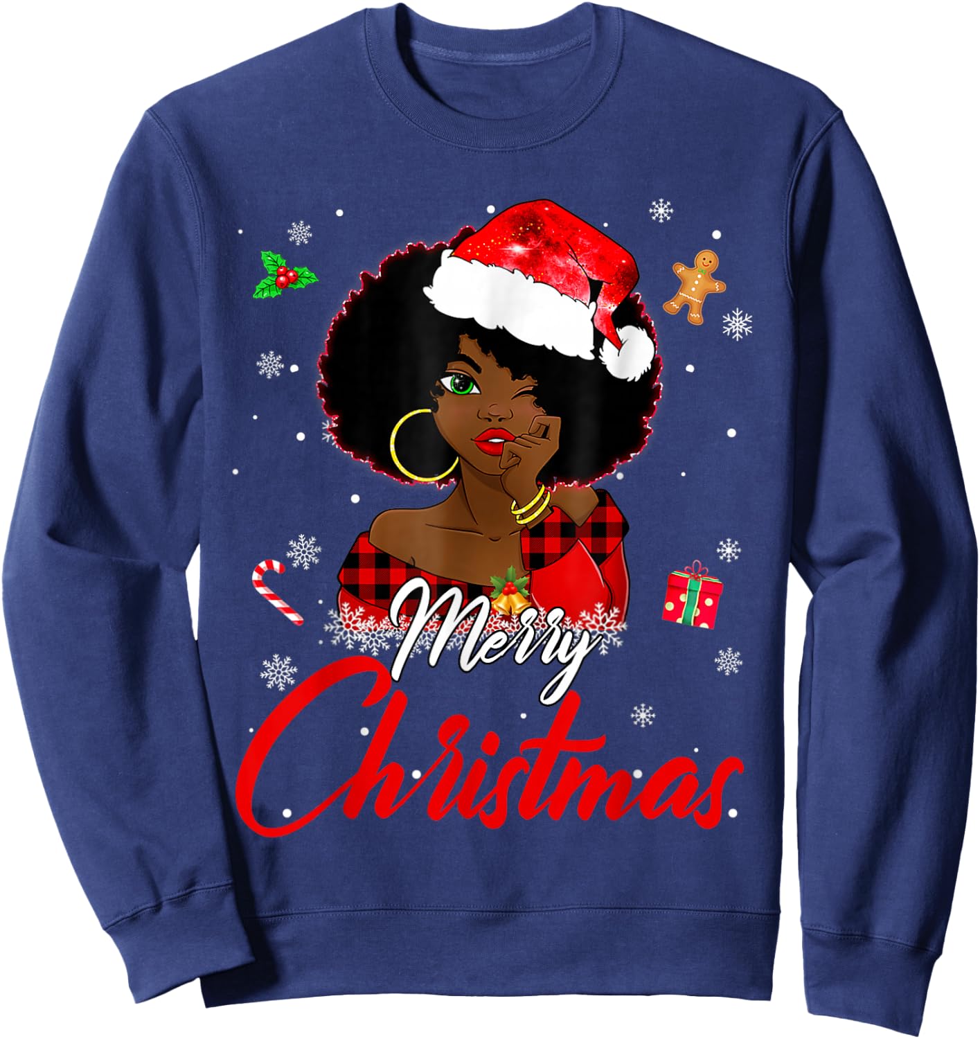 Black African Girl American Melanin Christmas Santa Hat Xmas Sweatshirt - Sweatshirt | Navy
