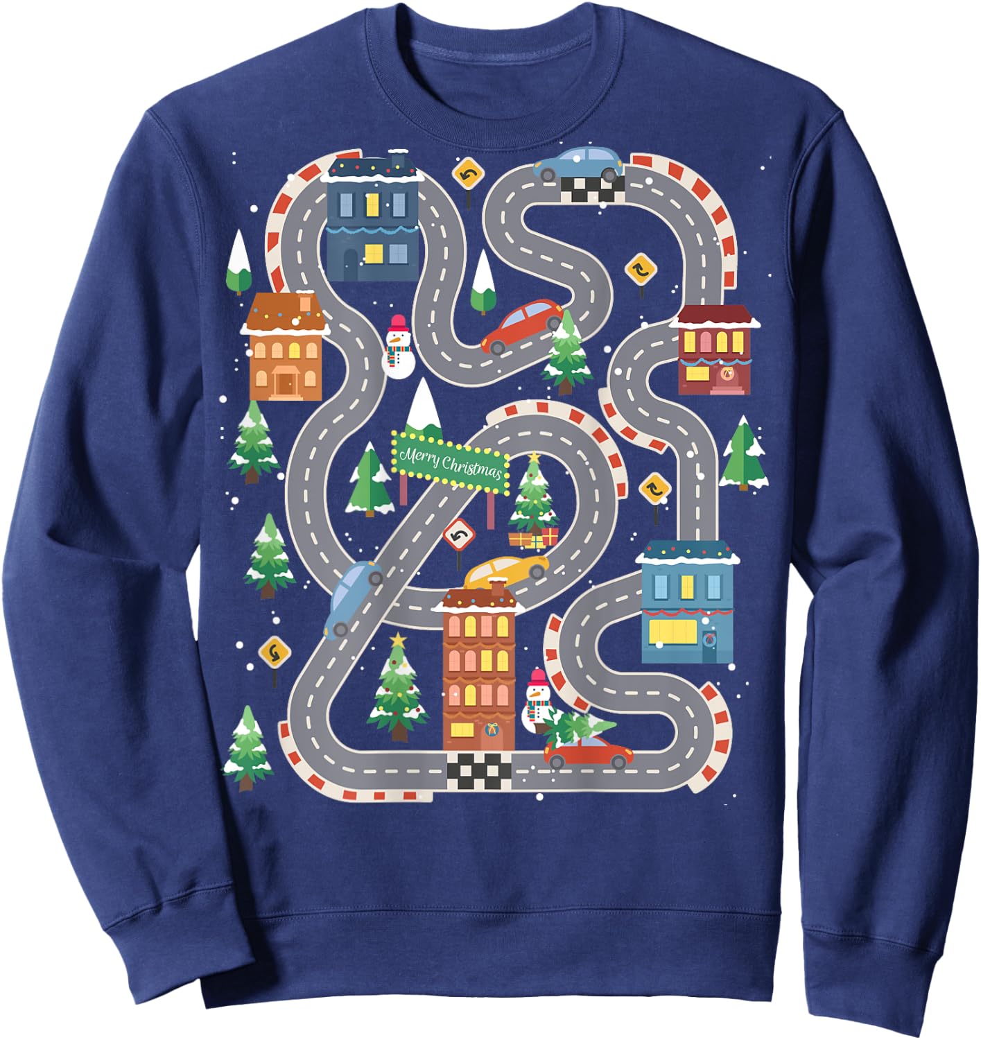 Christmas Playmat Car Race Track On Back Daddy Car Massage Sweatshirt - Sweatshirt | Navy