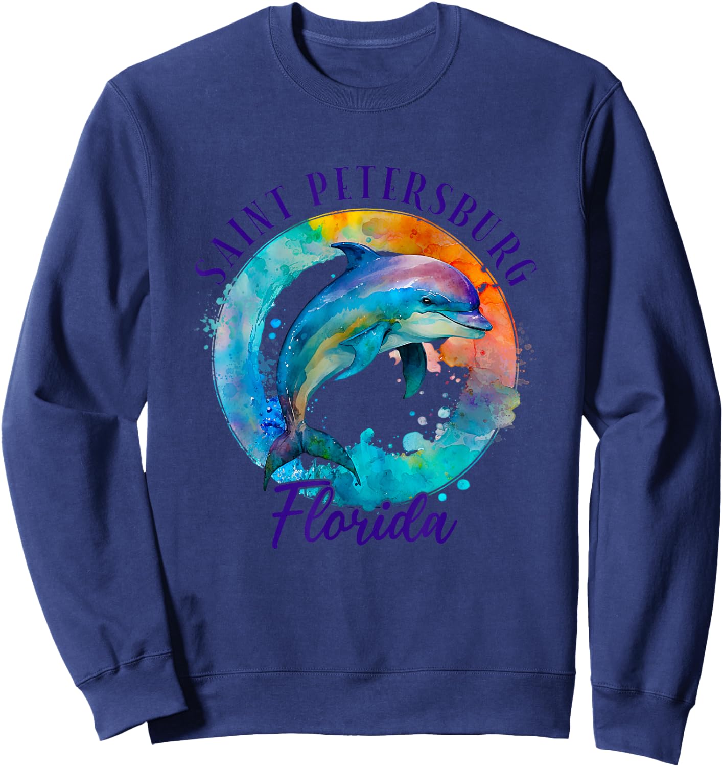 Saint Petersburg Florida Happy Watercolor Dolphin Sweatshirt - Sweatshirt | Navy