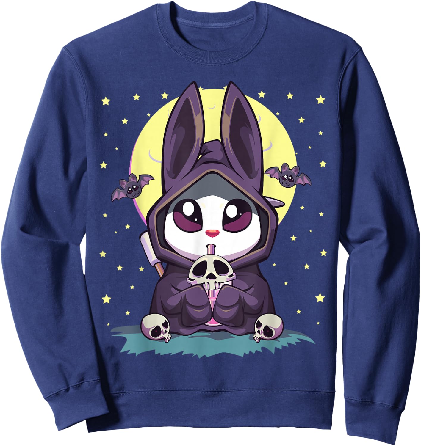 Pastel Goth Kawaii Anime Moon Bunny Reaper With Boba Tea Sweatshirt - Sweatshirt | Navy