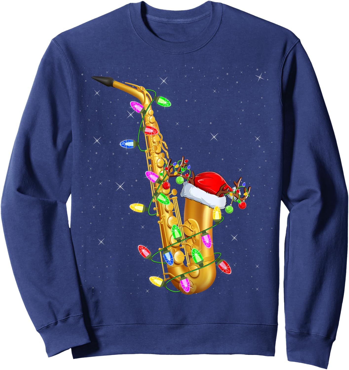 Saxophone Music Lover Xmas Lights Santa Saxophone Christmas Sweatshirt - Sweatshirt | Navy