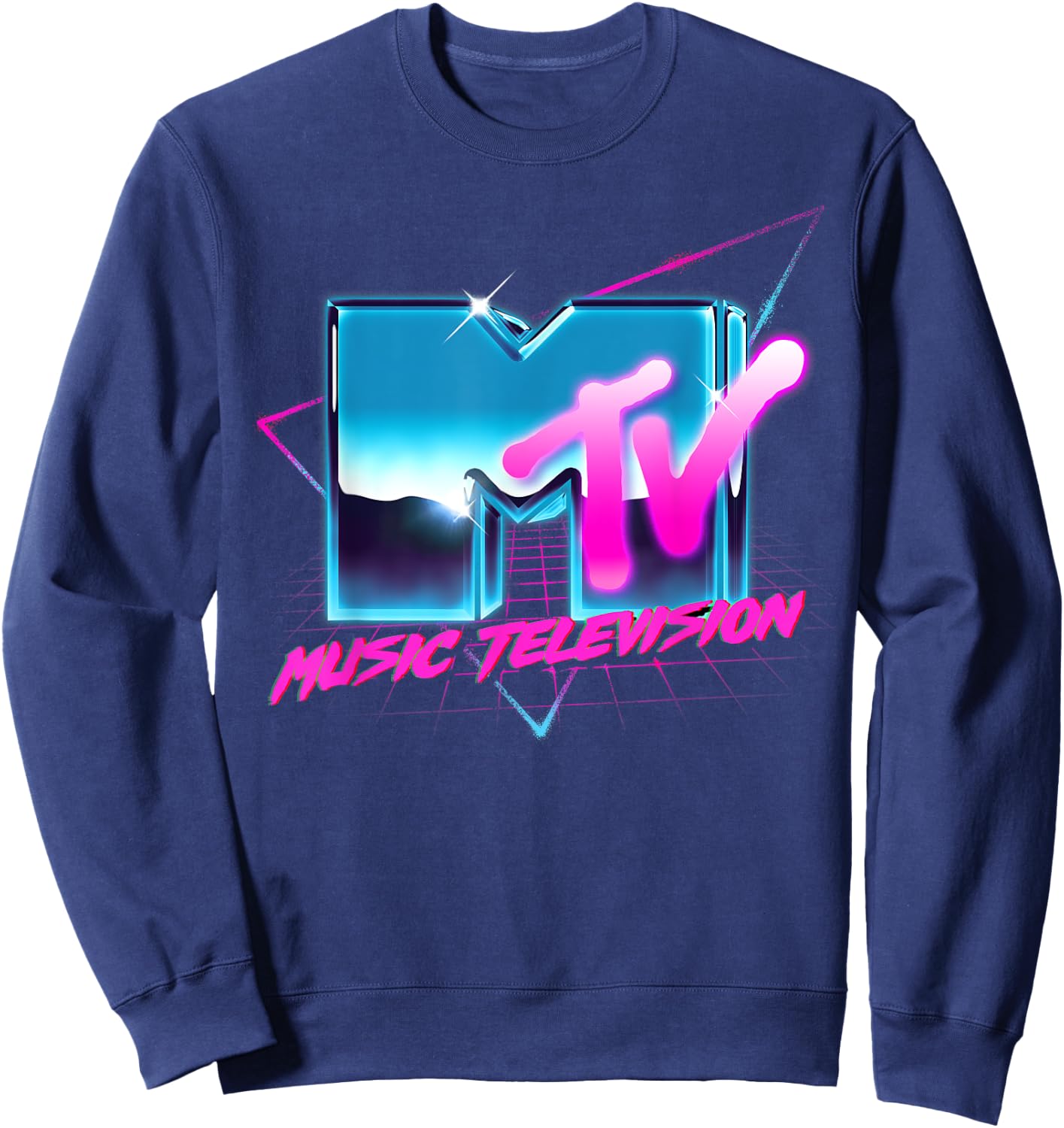 Mademark x MTV - Rad 80's MTV Logo Chrome Effect RetroWave Eighties MTV Sweatshirt - Sweatshirt | Navy