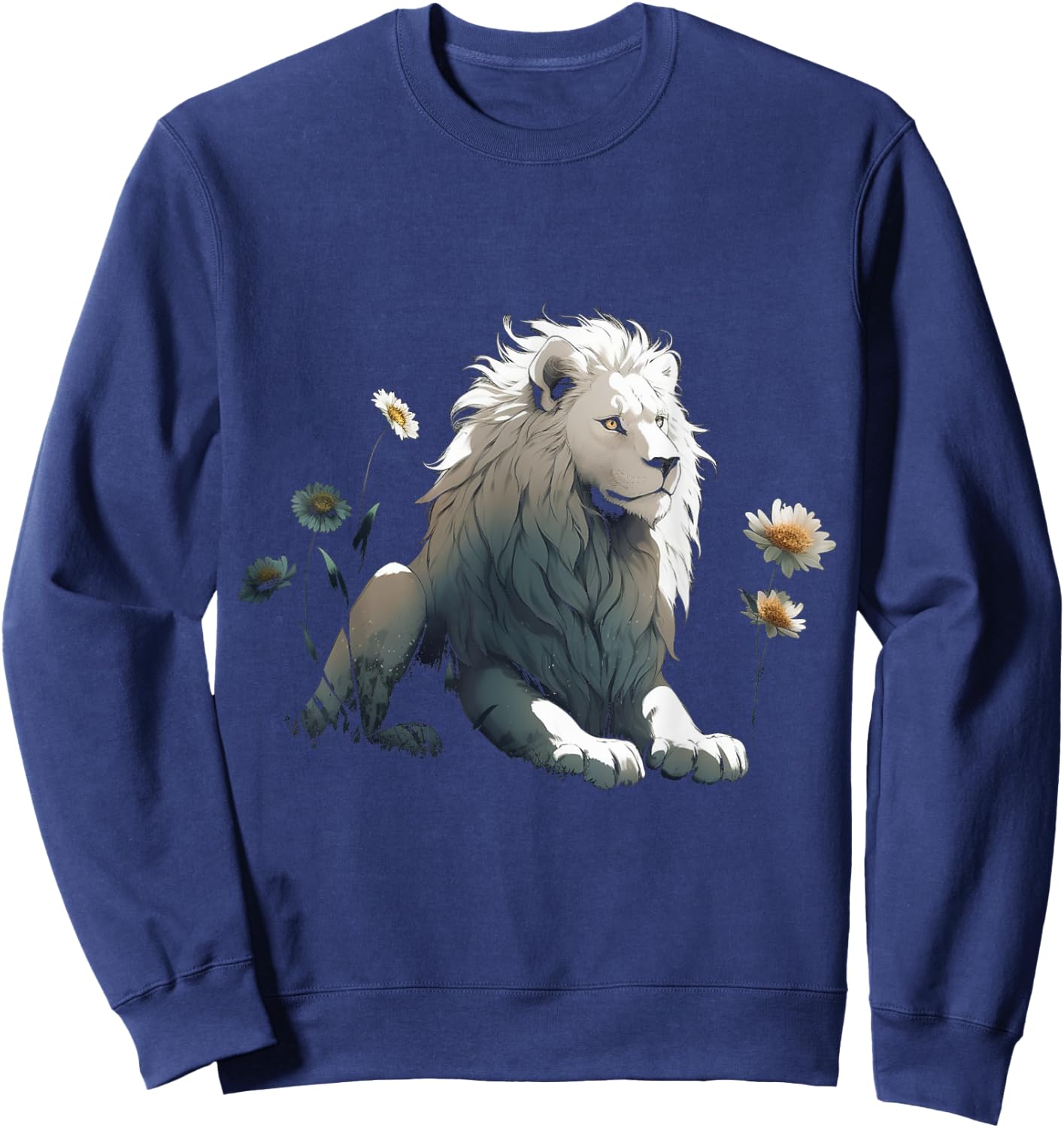 White Lion Flower Art - Animal Motif Zoo Lion Sweatshirt - Sweatshirt | Navy