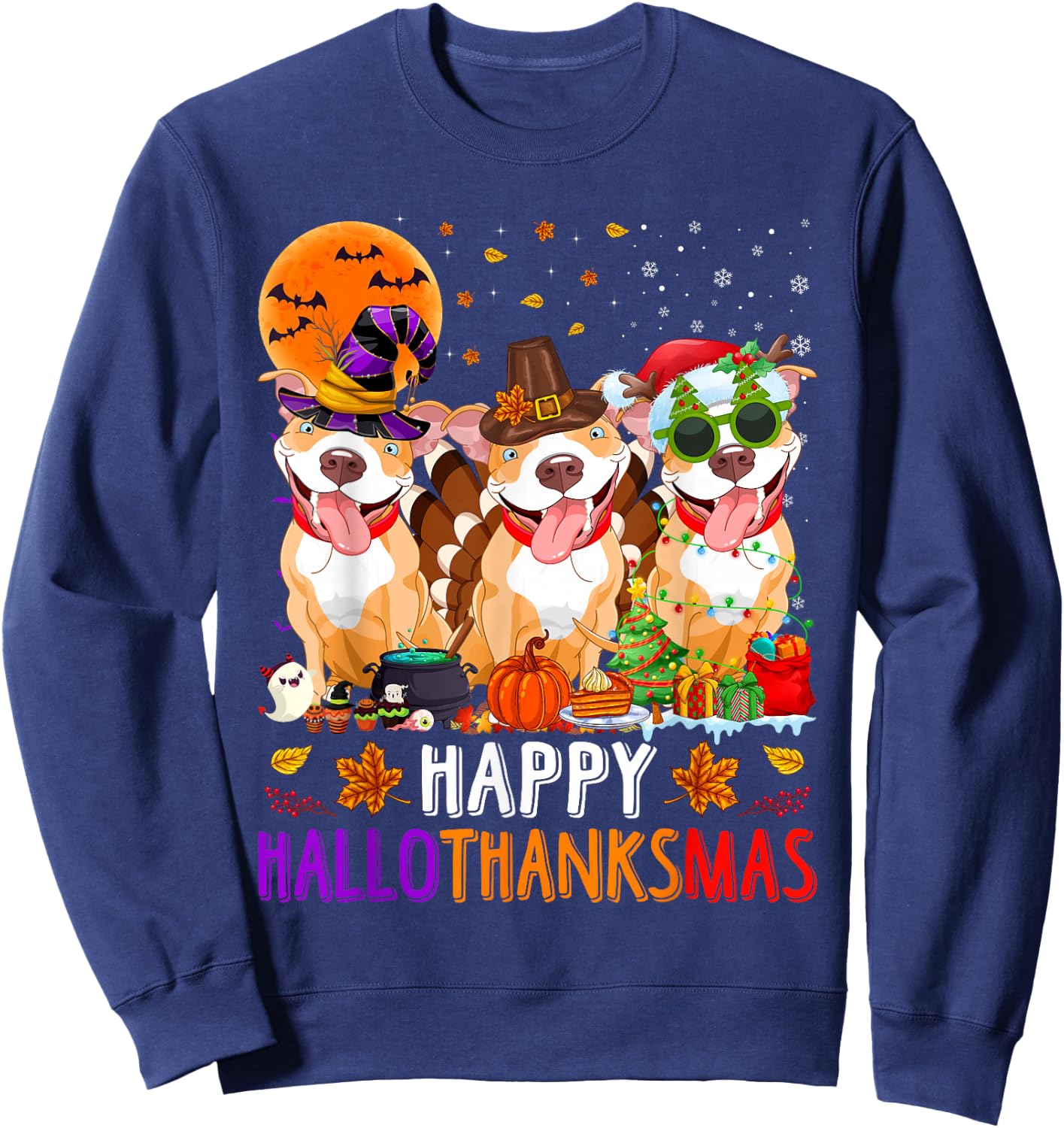 Happy Hallothanksmas Pitbull Dog Halloween Christmas Sweatshirt - Sweatshirt | Navy