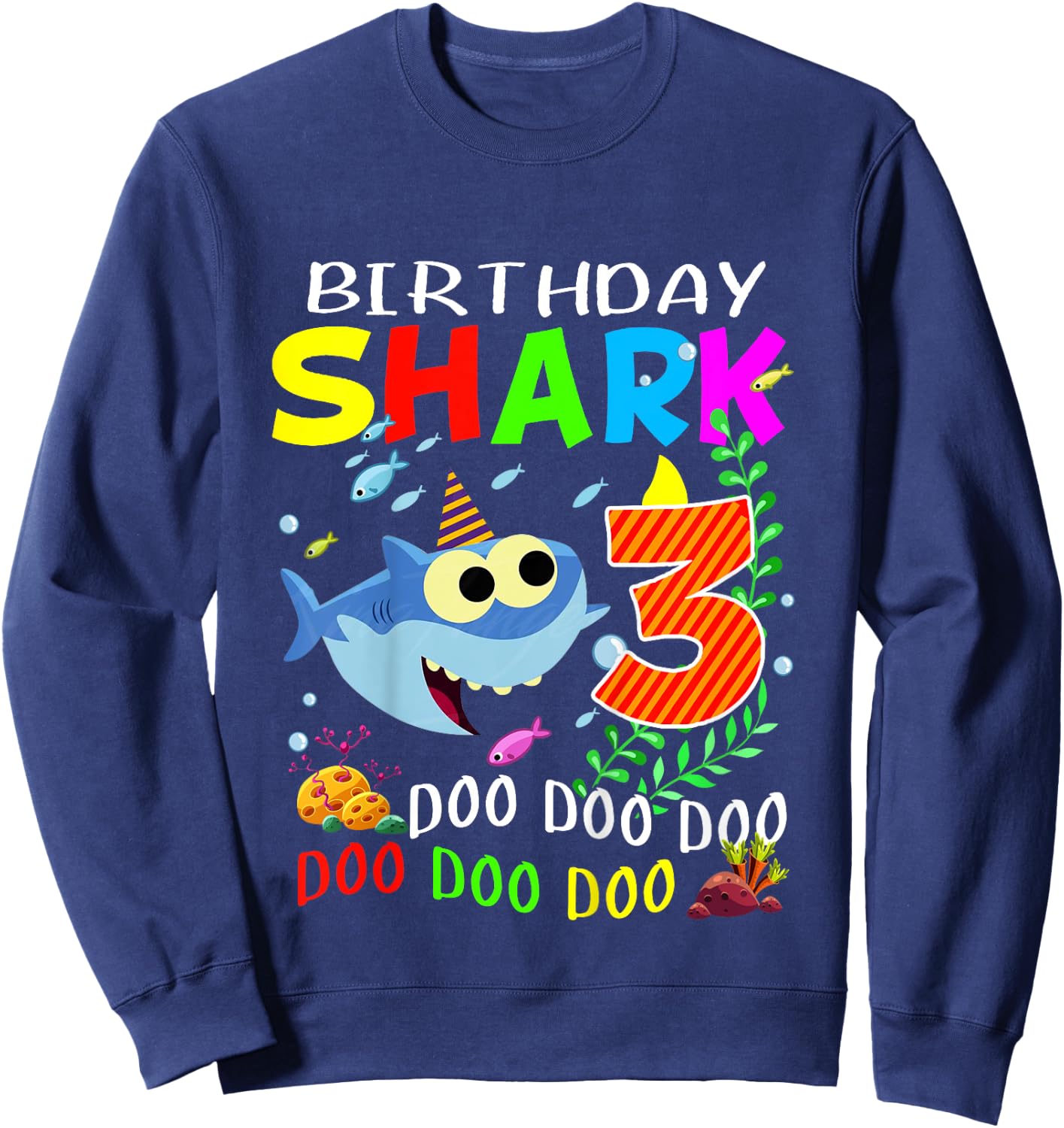 Kids Shark Birthday Boy Three Years Old Third Birthday Party Kids Sweatshirt - Sweatshirt | Navy