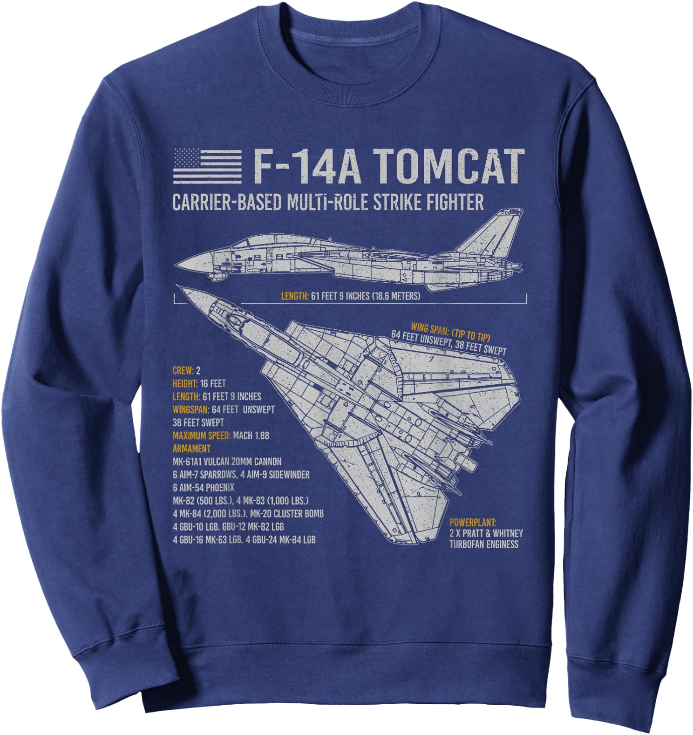F-14 Tomcat F14 Aircraft Airplane Blueprint Facts. Small Sweatshirt - Sweatshirt | Navy
