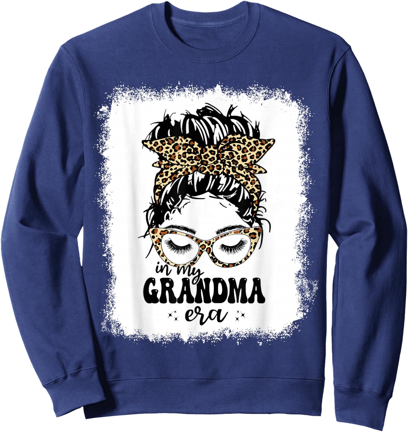 Leopard Messy Bun In My Grandma Era Bleached Sweatshirt - Sweatshirt | Navy