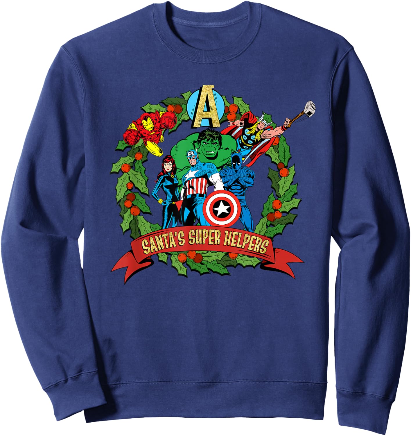 Marvel Avengers Santa’s Super Helpers Wreath Retro Holiday Sweatshirt - Sweatshirt | Navy