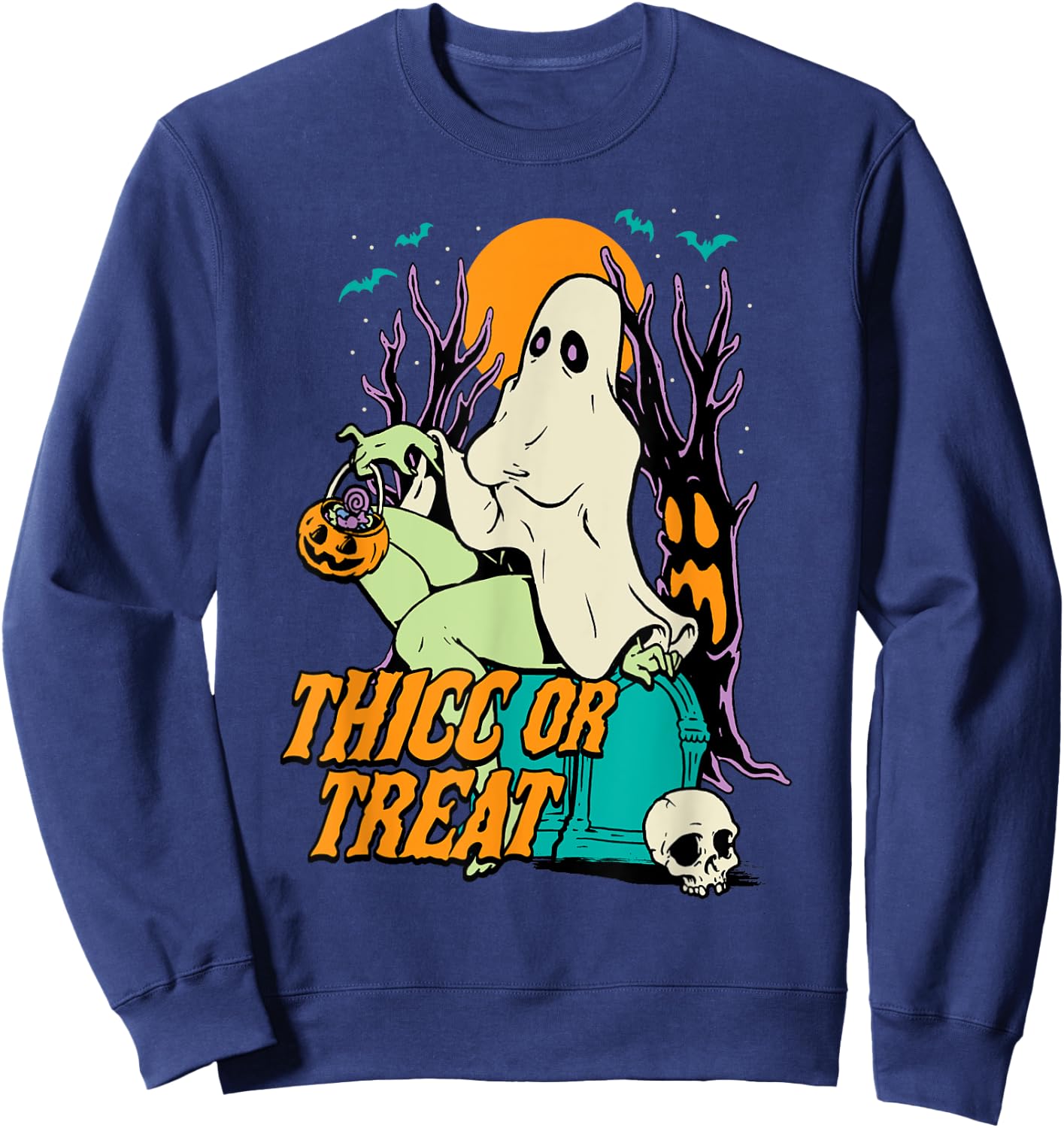 Thicc or Treat Halloween Lady Ghost Sexy Pinup BBW Sweatshirt - Sweatshirt | Navy