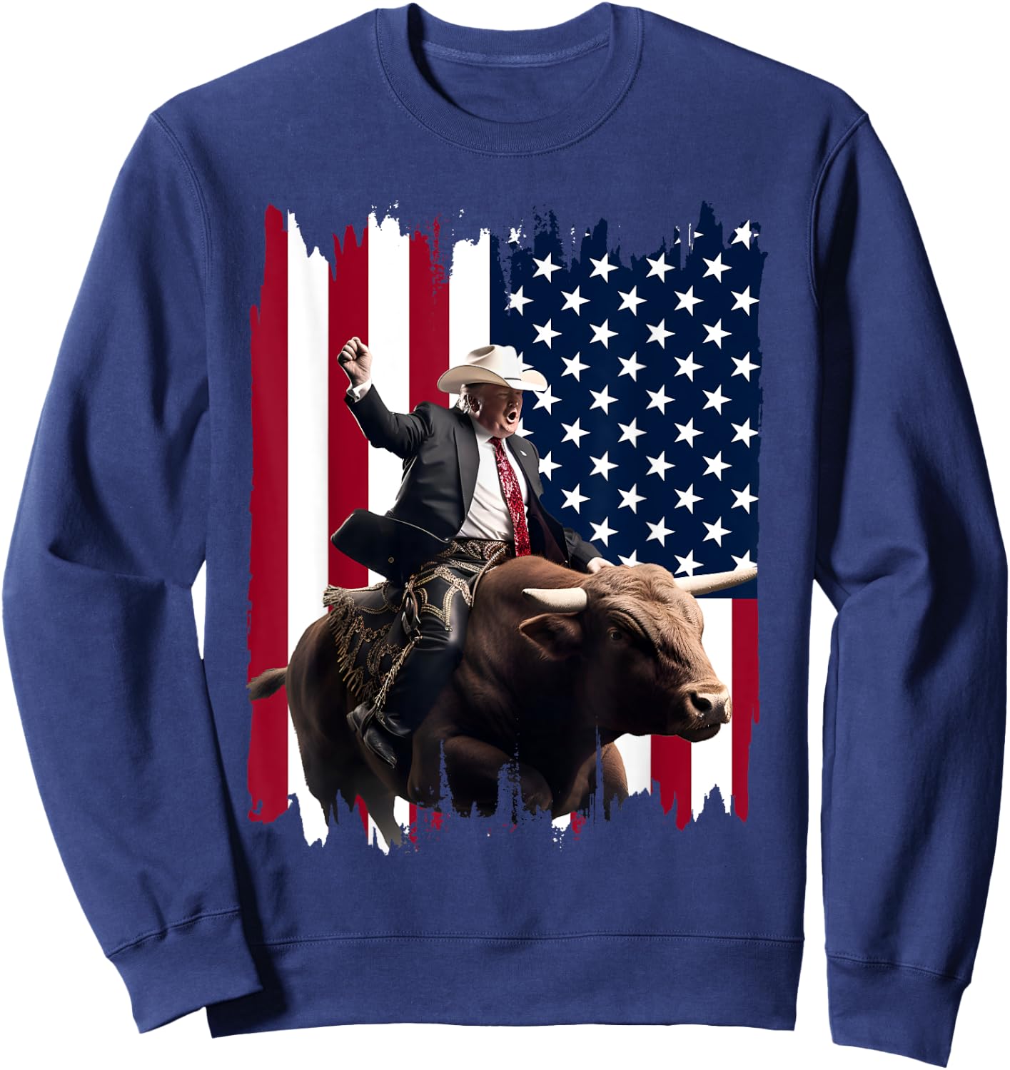 Trump Rodeo Bull Rider Patriotic American Flag 4Th Of July Sweatshirt - Sweatshirt | Navy