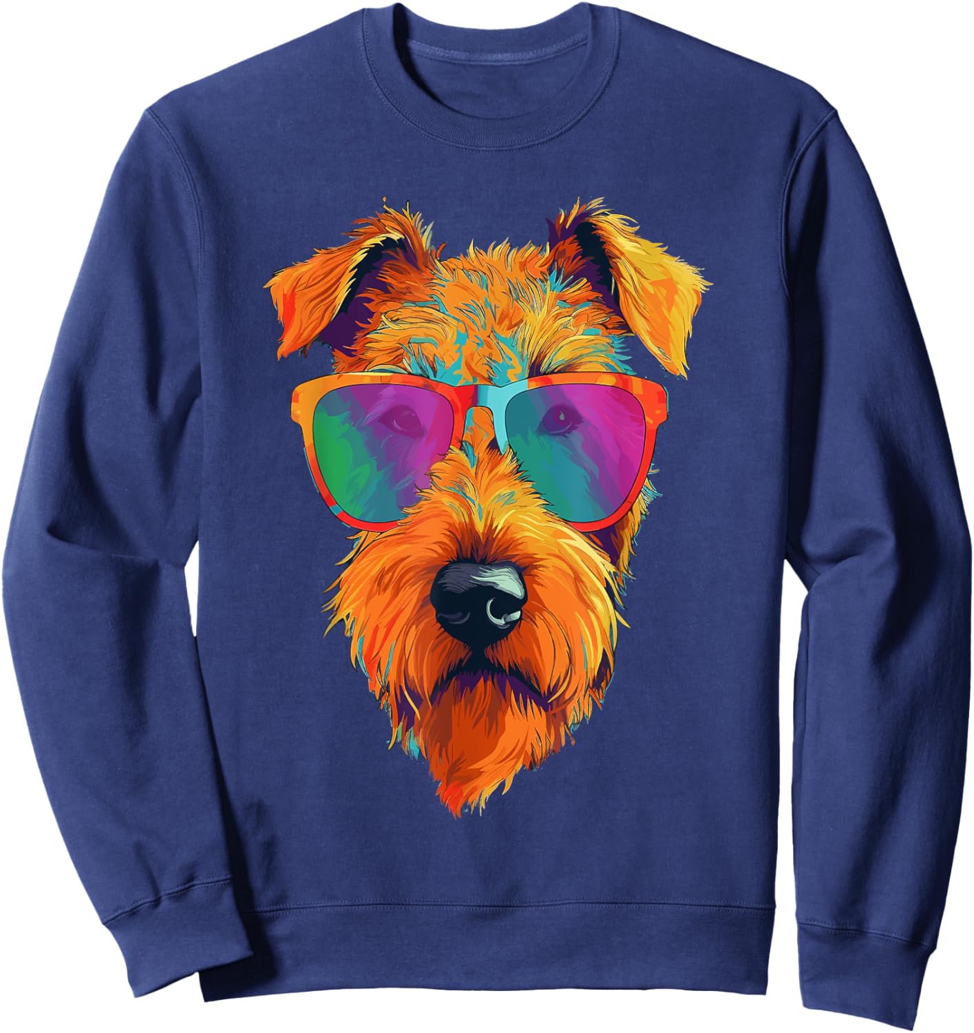 Colorful Pop Art Airedale Terrier Wearing Sunglasses Face Sweatshirt - Sweatshirt | Navy