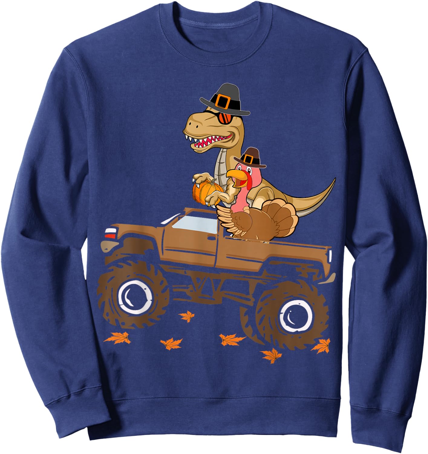 Happy Thanksgiving dinosaur Turkey Riding truck kids boys Sweatshirt - Sweatshirt | Navy