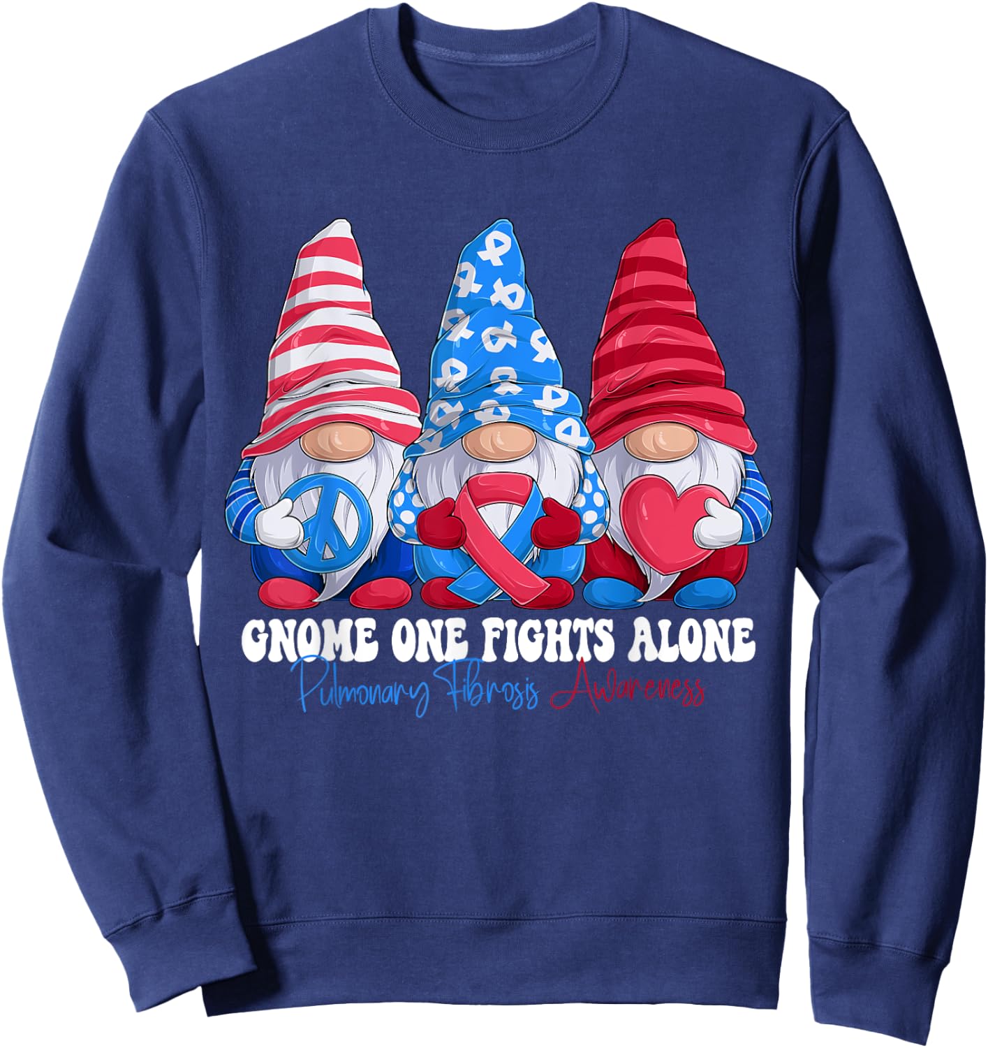 Funny Gnomies Pulmonary Fibrosis Awareness Month Ribbon Sweatshirt - Sweatshirt | Navy