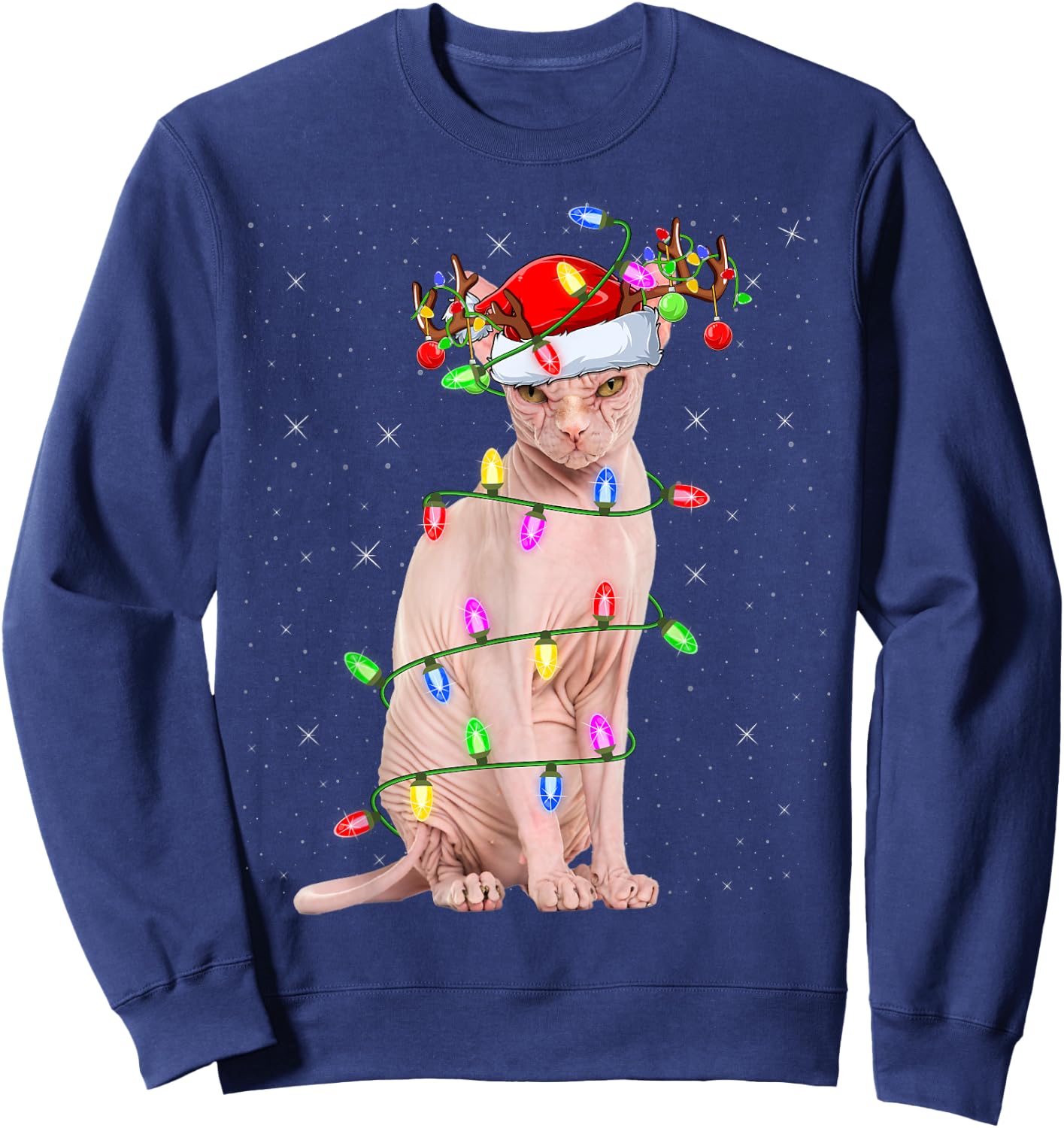 Sphynx Cat Lover Xmas Lighting Santa Sphynx Cat Christmas Sweatshirt - Sweatshirt | Navy