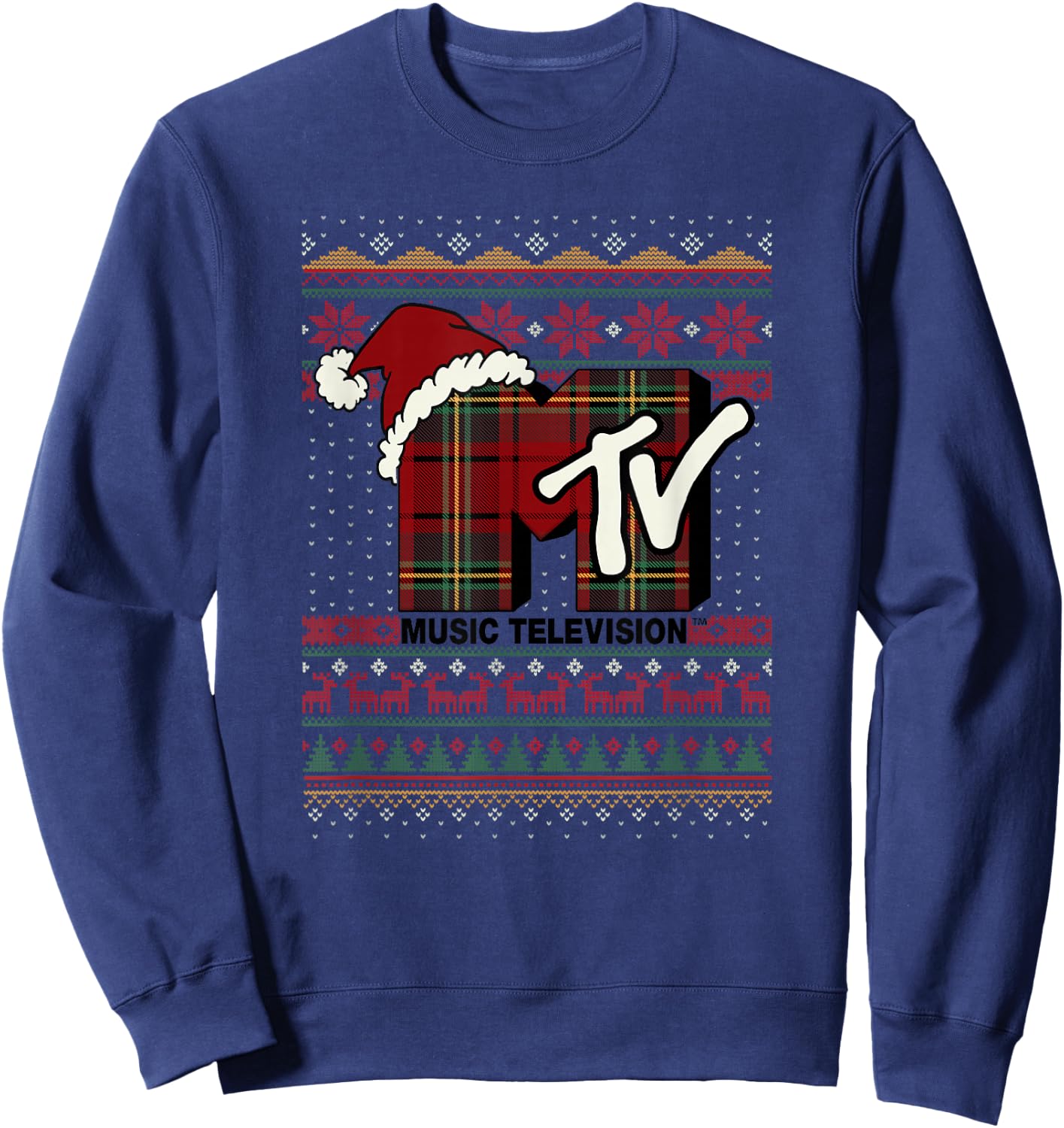 MTV Christmas Plaid Ugly Sweater Logo Sweatshirt - Sweatshirt | Navy