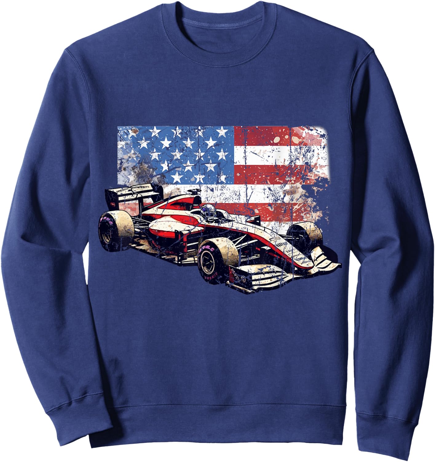 Vintage Auto Racing Car American Flag 4th of July, Auto Race Sweatshirt - Sweatshirt | Navy