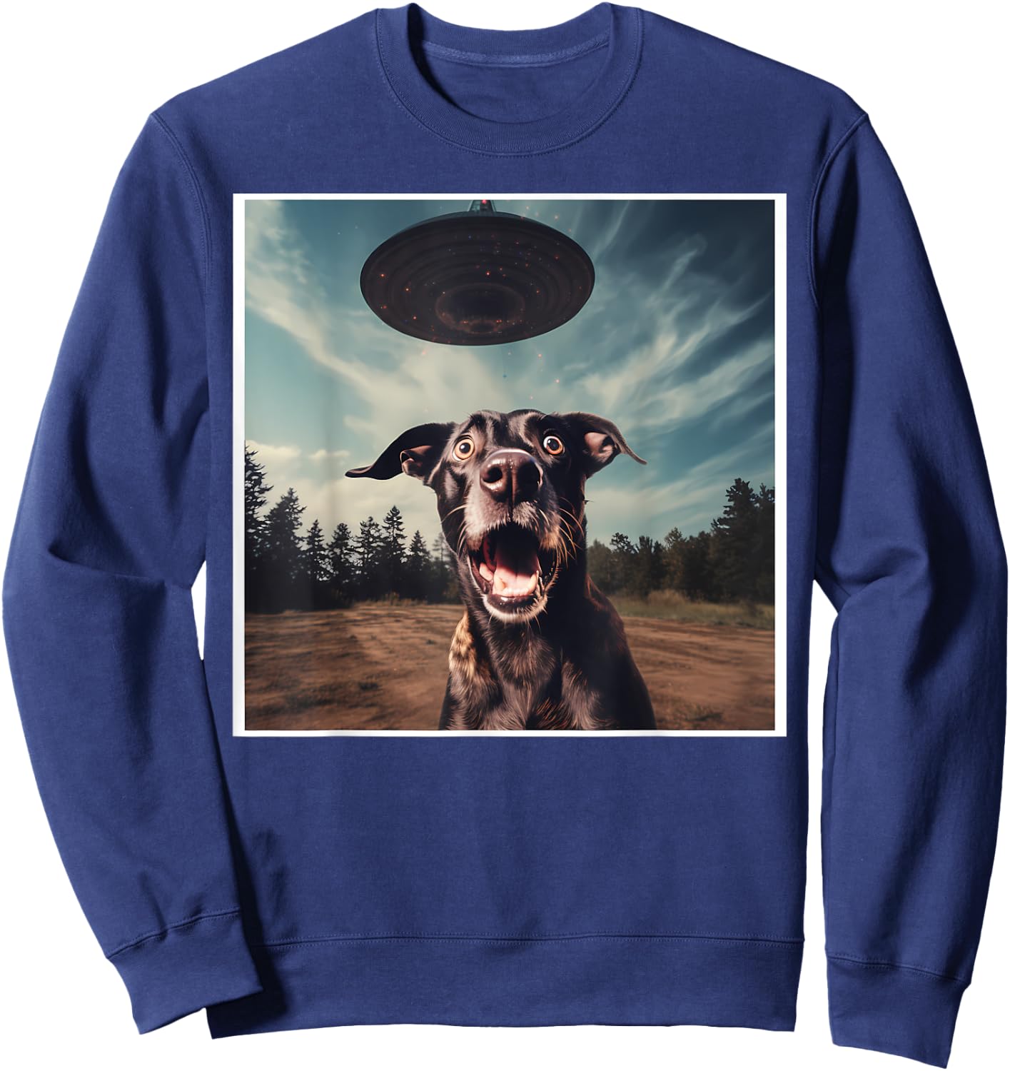 Dog Selfie with UFOs Alien Extraterrestrial UFO Believer Men Women Sweatshirt - Sweatshirt | Navy