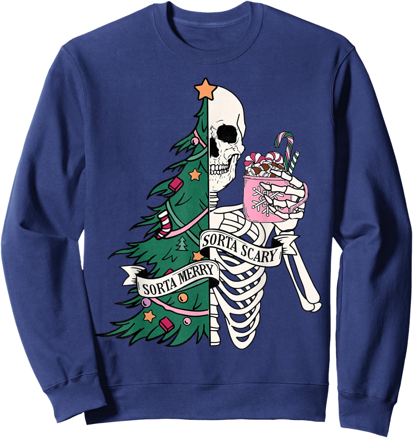 Funny Christmas Sorta Merry Sorta Scary Skeleton Xmas Tree Sweatshirt - Sweatshirt | Navy