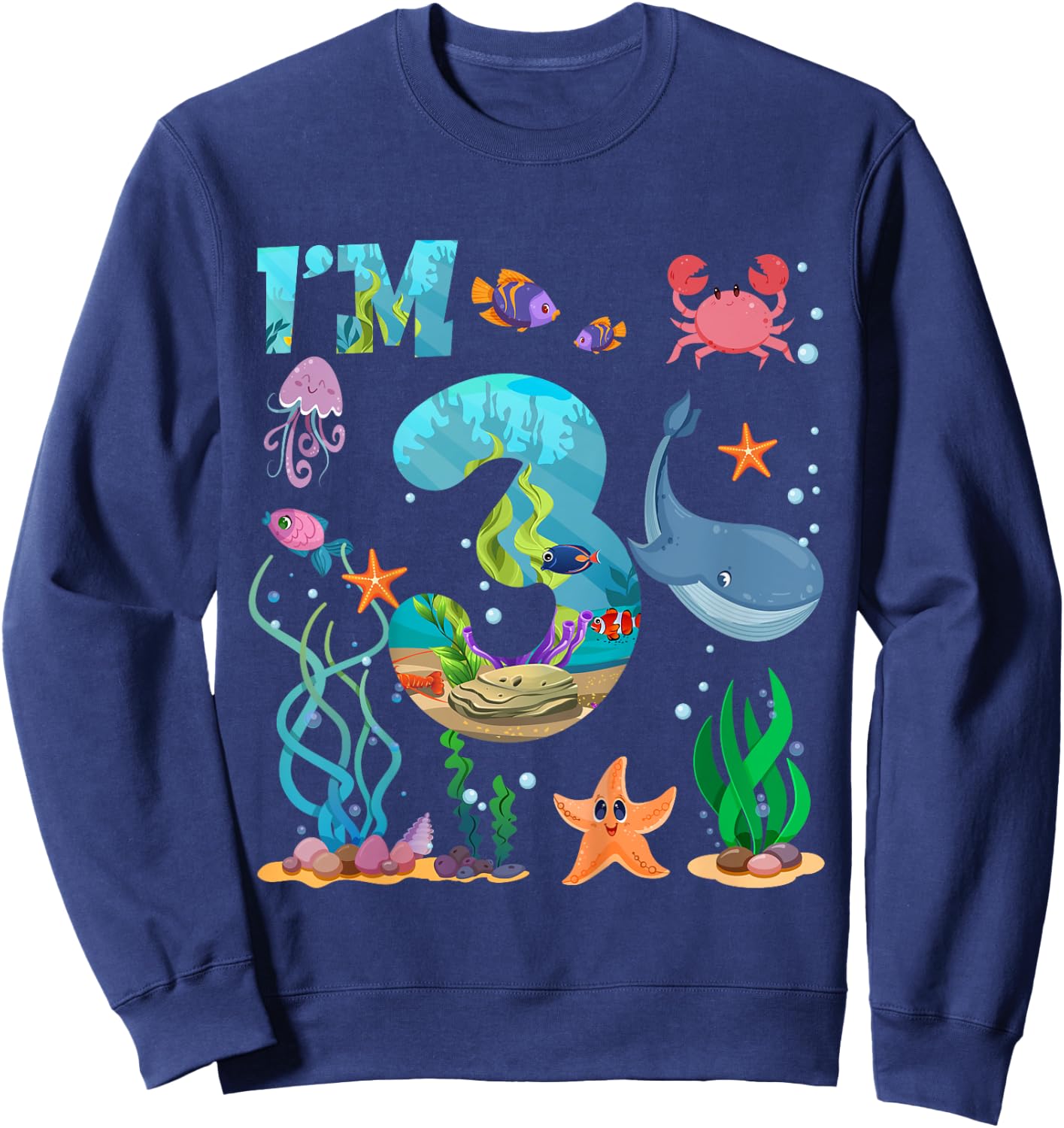 Kids 3 Year Old Boy Girl Sea Animals 3rd Birthday Kids Sweatshirt - Sweatshirt | Navy