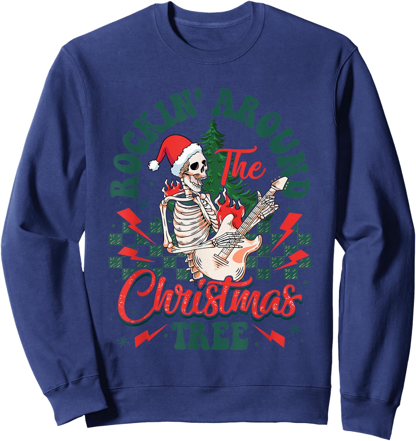 Retro Rockin Around The Christmas Tree Skeleton Plays Guitar Sweatshirt - Sweatshirt | Navy