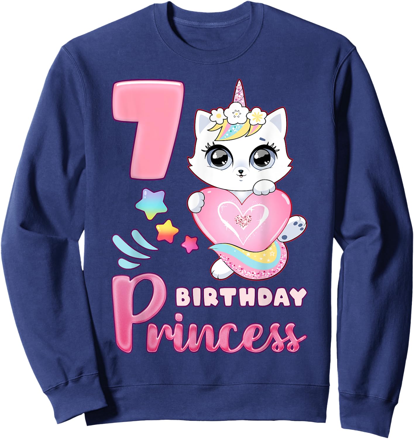Girl, 7th birthday, unicorn cat, number 7 Sweatshirt - Sweatshirt | Navy
