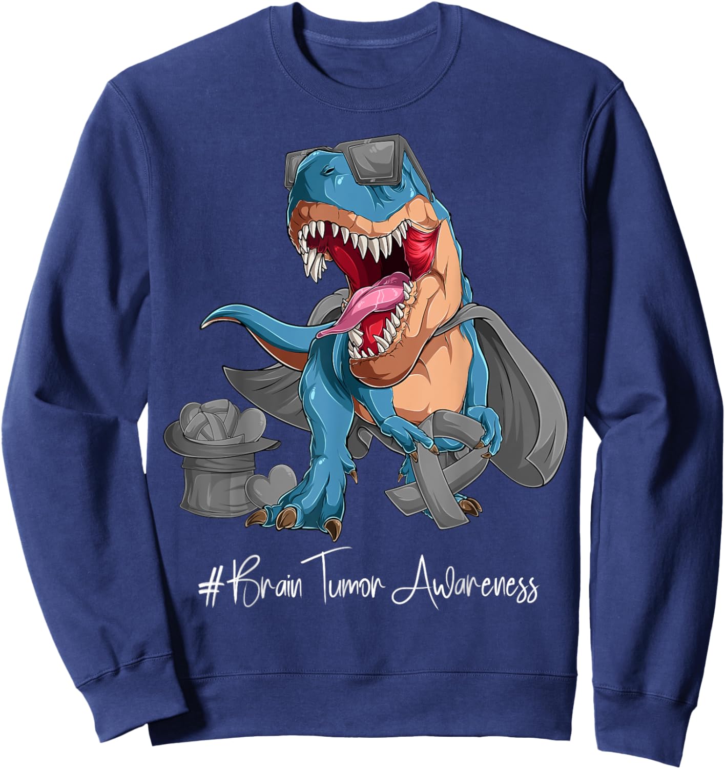 Brain Tumor Awareness Month Gray Ribbon Trex Sweatshirt - Sweatshirt | Navy