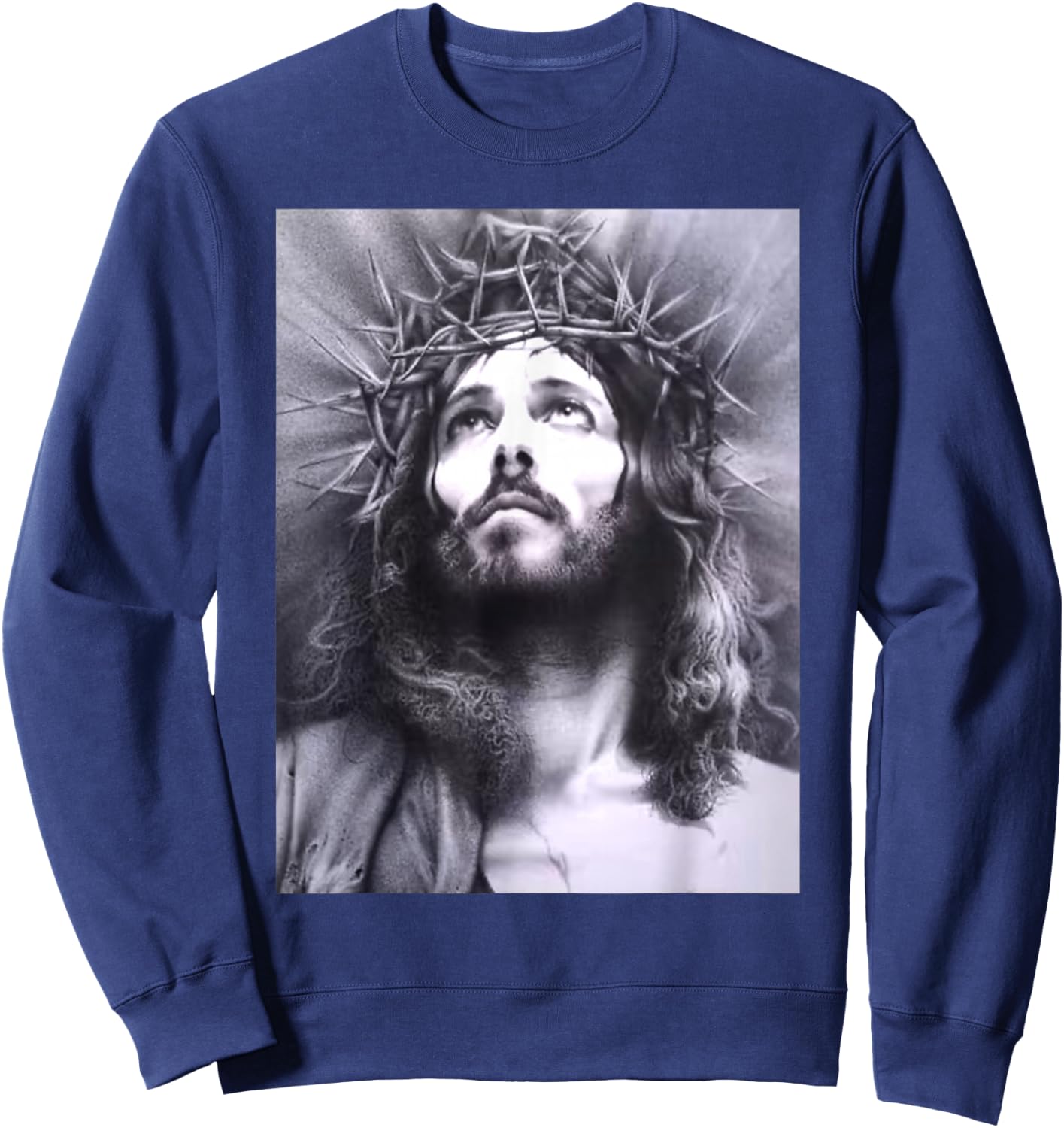 Image Face of Jesus On A Cross with Crown of Thorns Sweatshirt - Sweatshirt | Navy