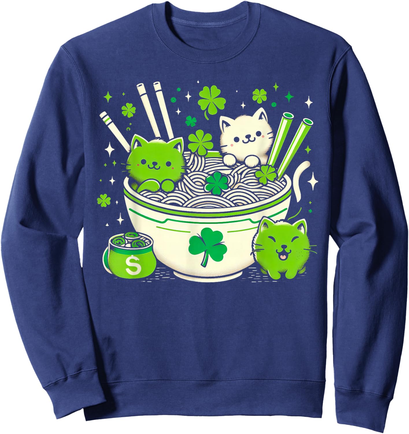 Irish Ramen Cats Cute Anime St Patrick's Day Women Girls Sweatshirt - Sweatshirt | Navy