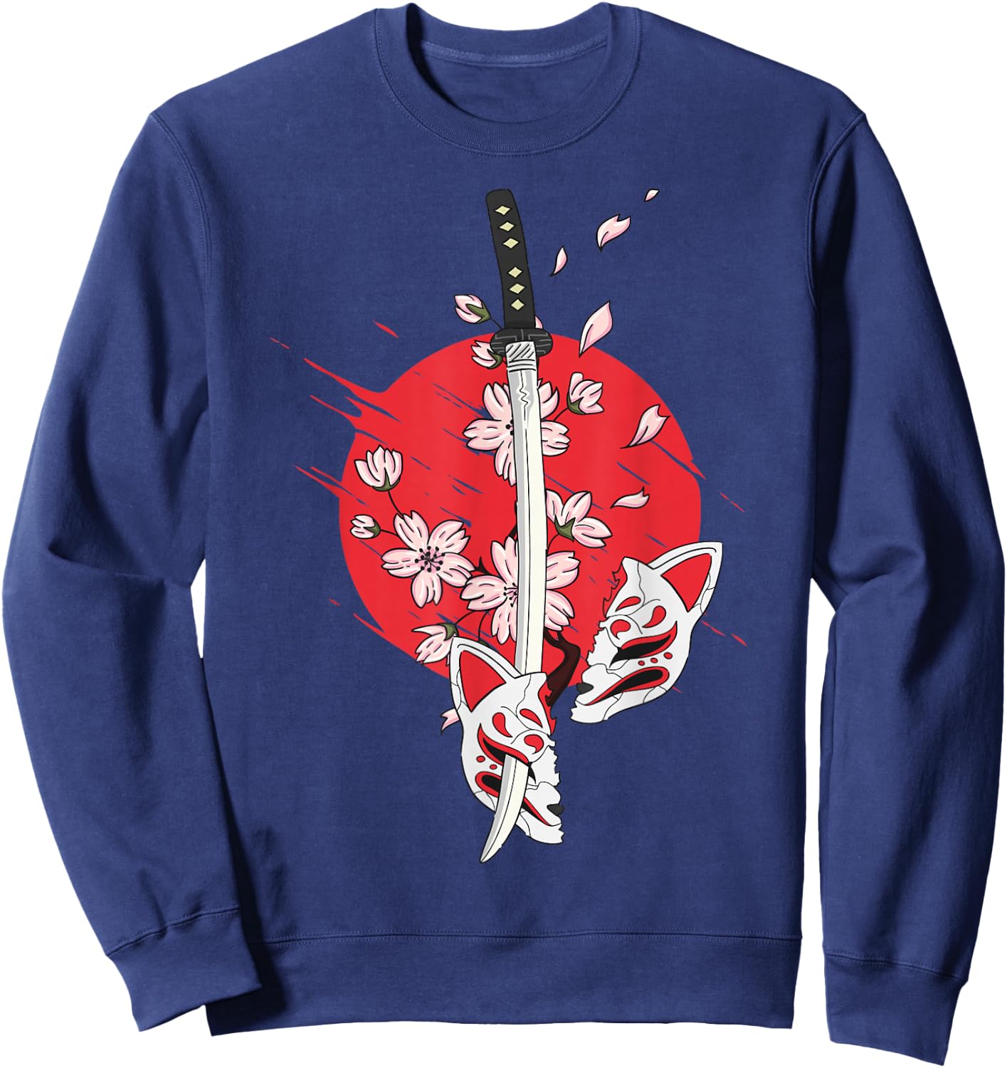 Kitsune Mask Nine-Tailed Cherry Blossom Flowers Katana Sweatshirt - Sweatshirt | Navy