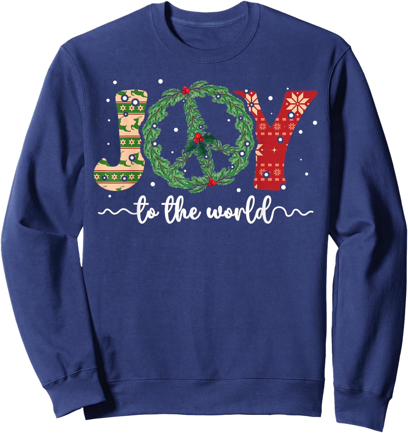 Joy to the World Peace Sign Christmas Retro 70s 80s Hippie Sweatshirt - Sweatshirt | Navy