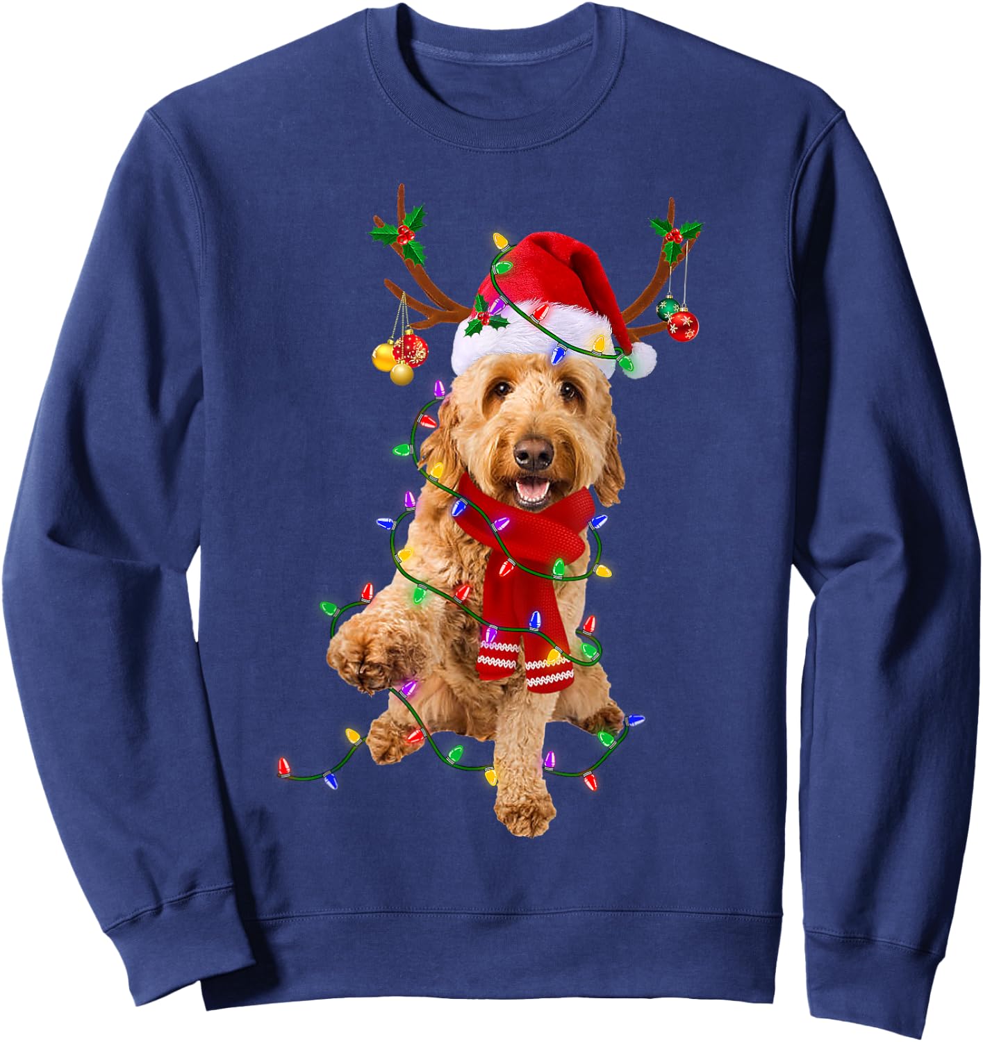 Funny Goldendoodle Dog Tree Christmas Lights Pajama Men Women Kids Sweatshirt - Sweatshirt | Navy