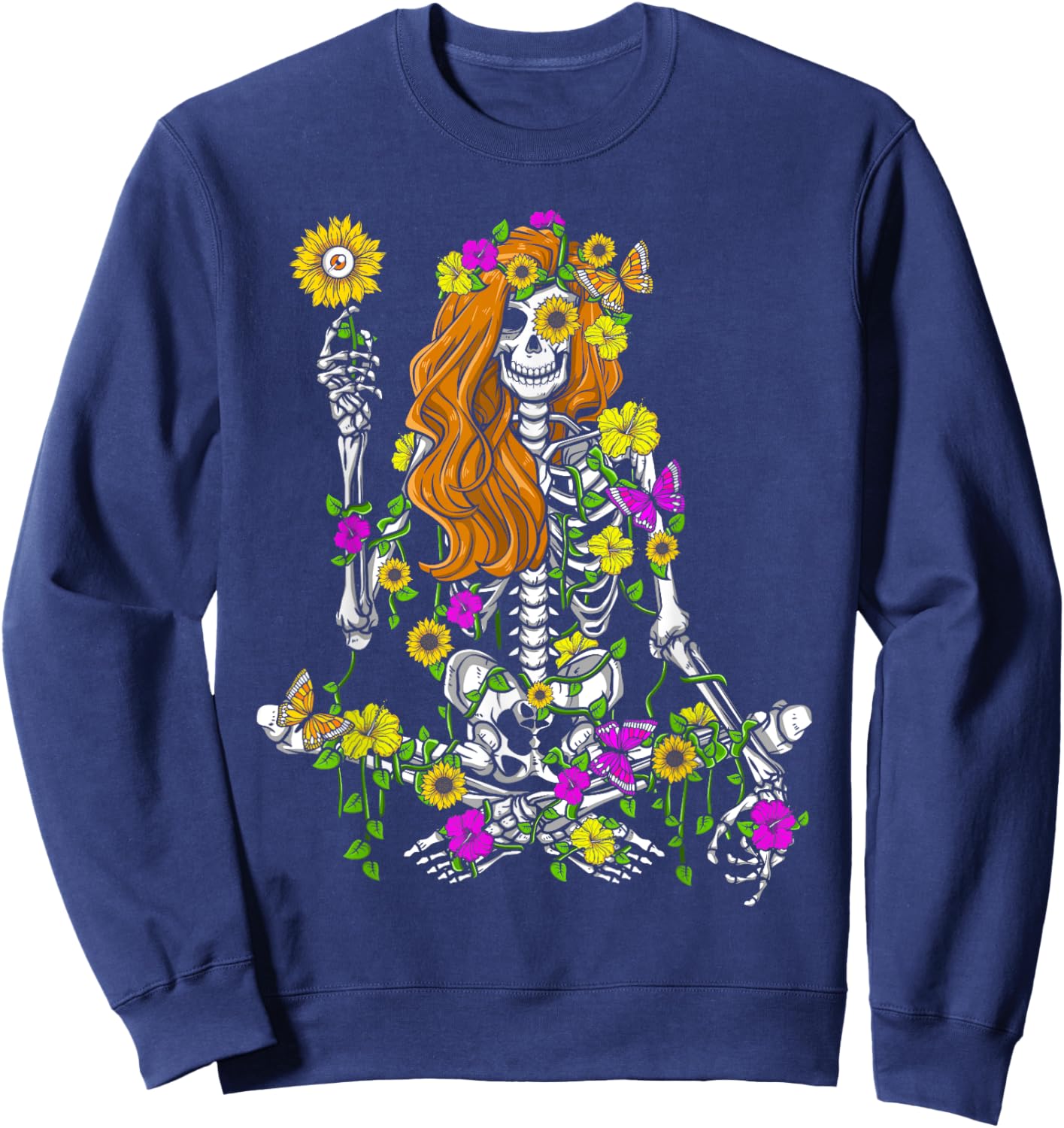 Skeleton Hippie Flowers Sunflower Lover Women Halloween Sweatshirt - Sweatshirt | Navy