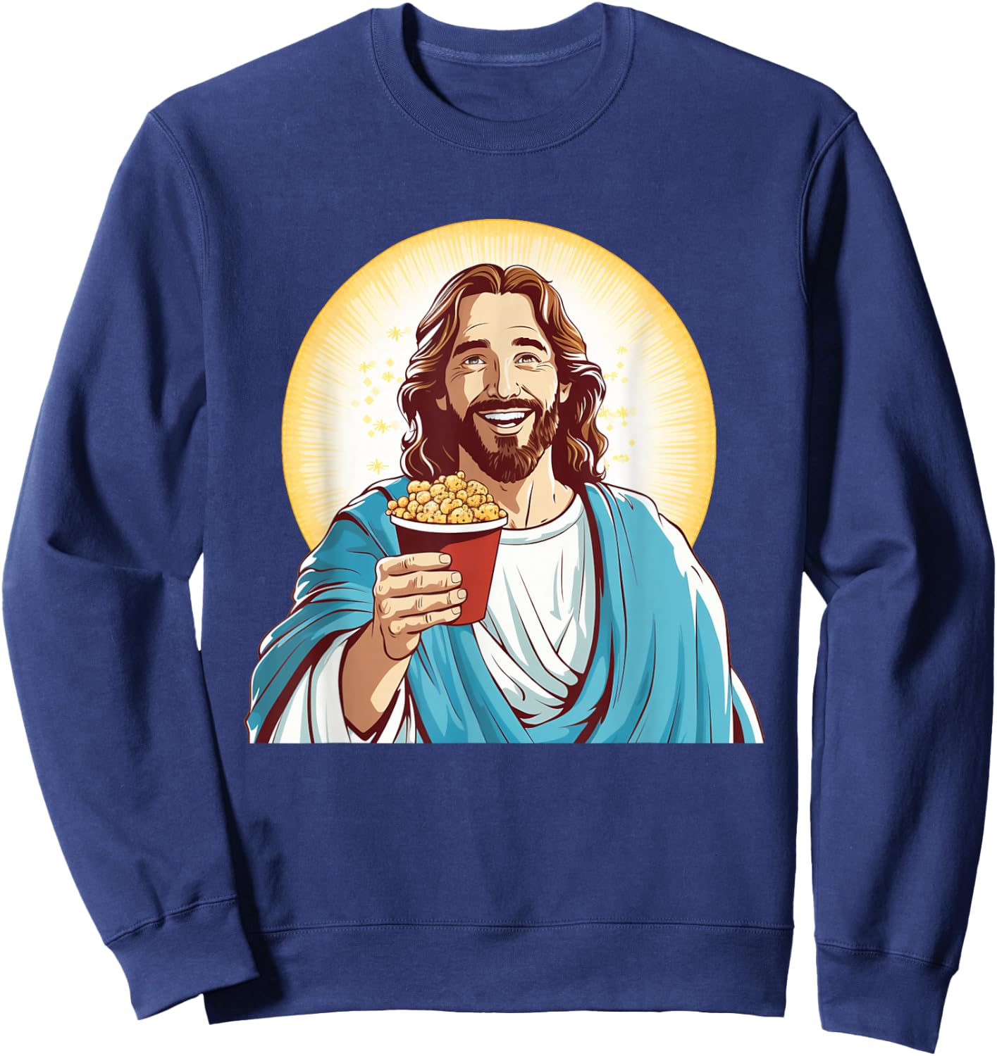 Funny Movie Night with Jesus and Popcorn Box Costume Sweatshirt - Sweatshirt | Navy
