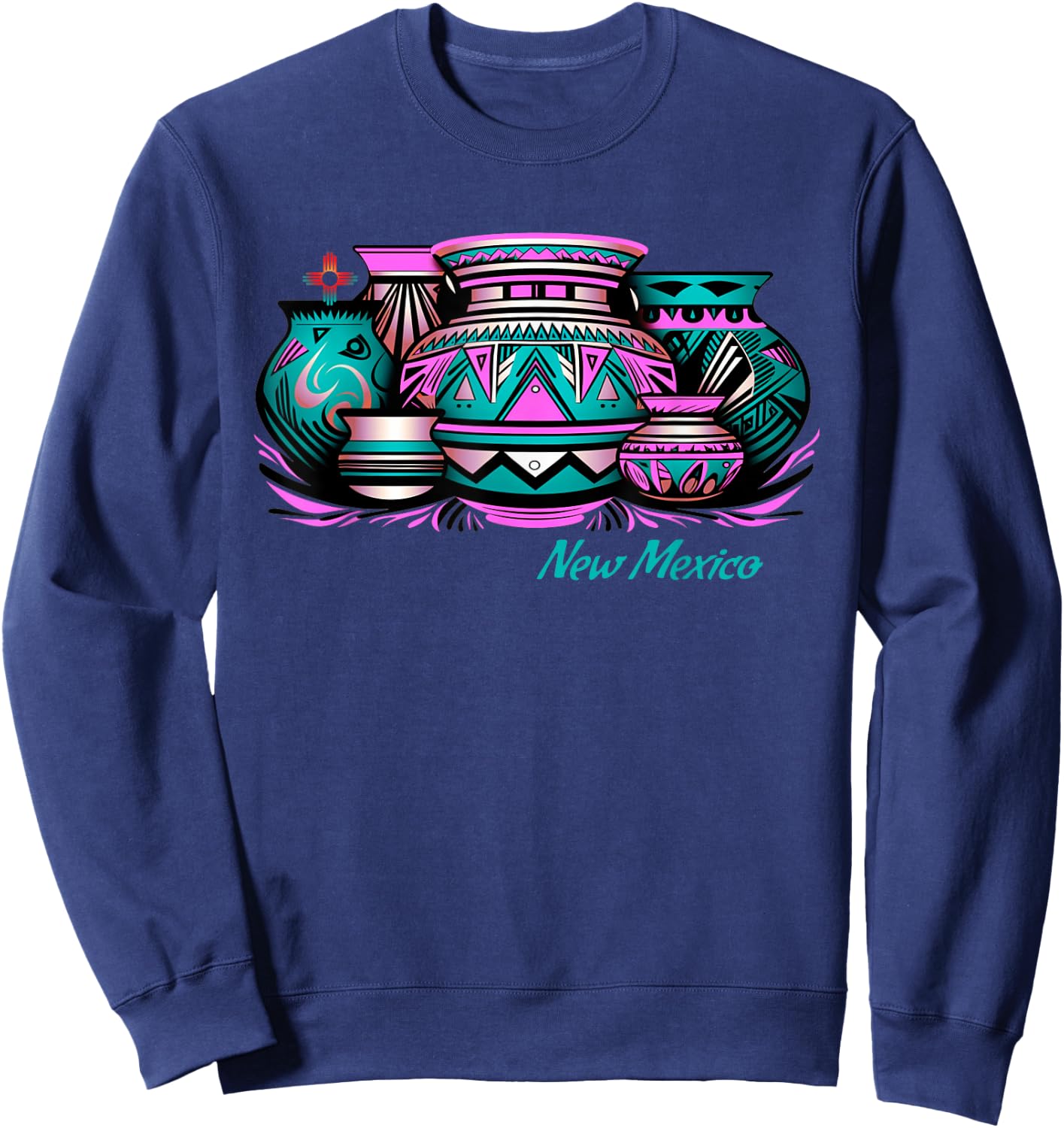 New Mexico Retro: Native Pottery & Zia Symbol Graphic Sweatshirt - Sweatshirt | Navy