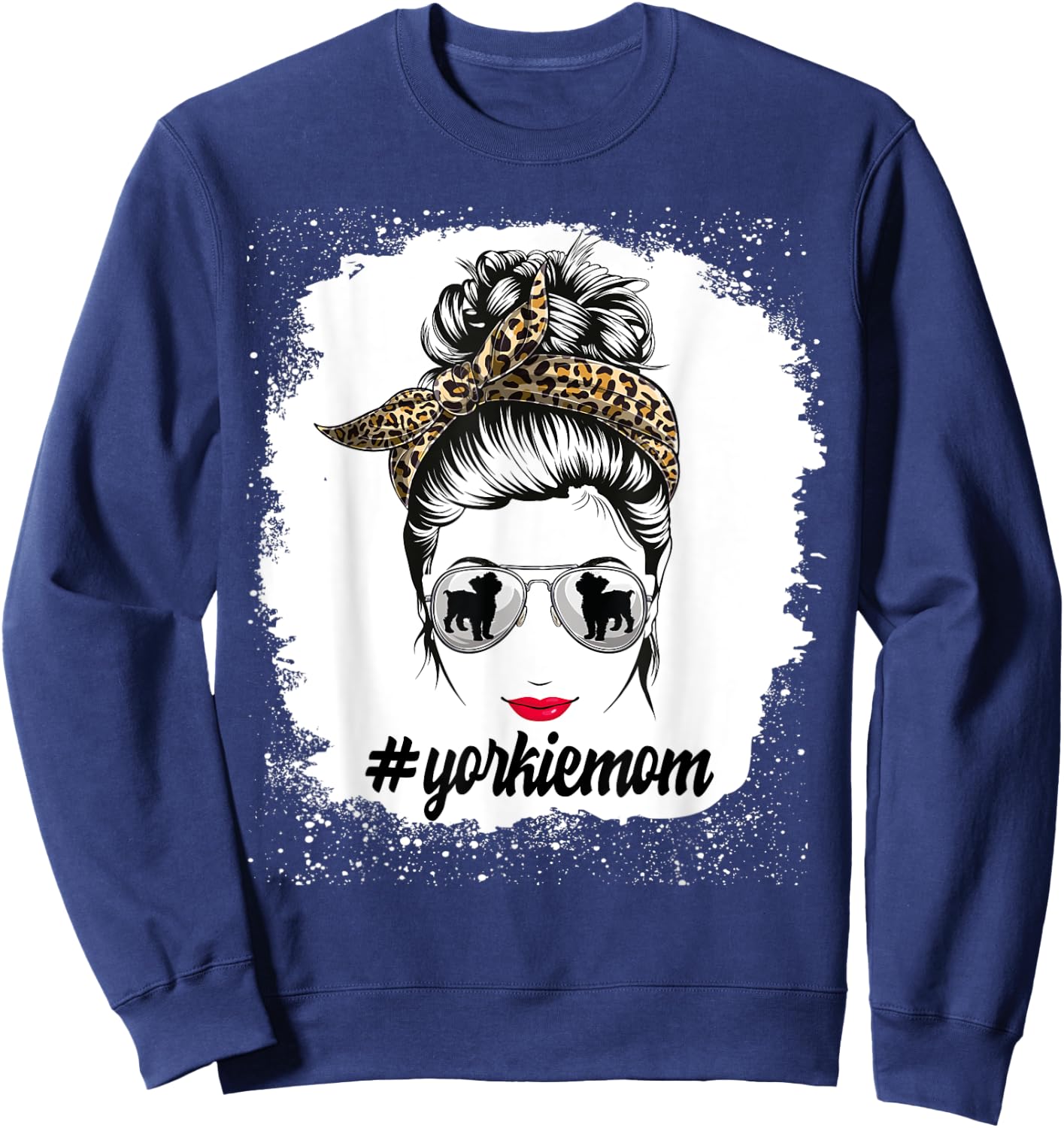 Yorkie Dog Mom Bleached Messy Bun Leopard Women Puppy Lovers Sweatshirt - Sweatshirt | Navy