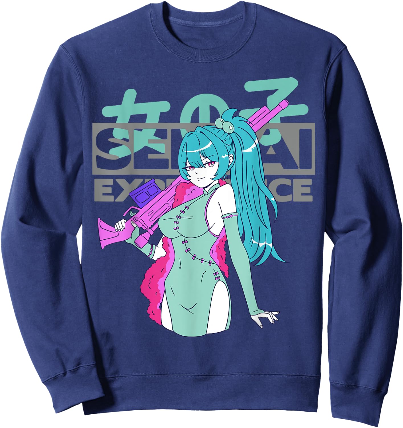 Sexy Waifu Anime Girl with Sniper Rifle and Blue Hair Senpai Sweatshirt - Sweatshirt | Navy
