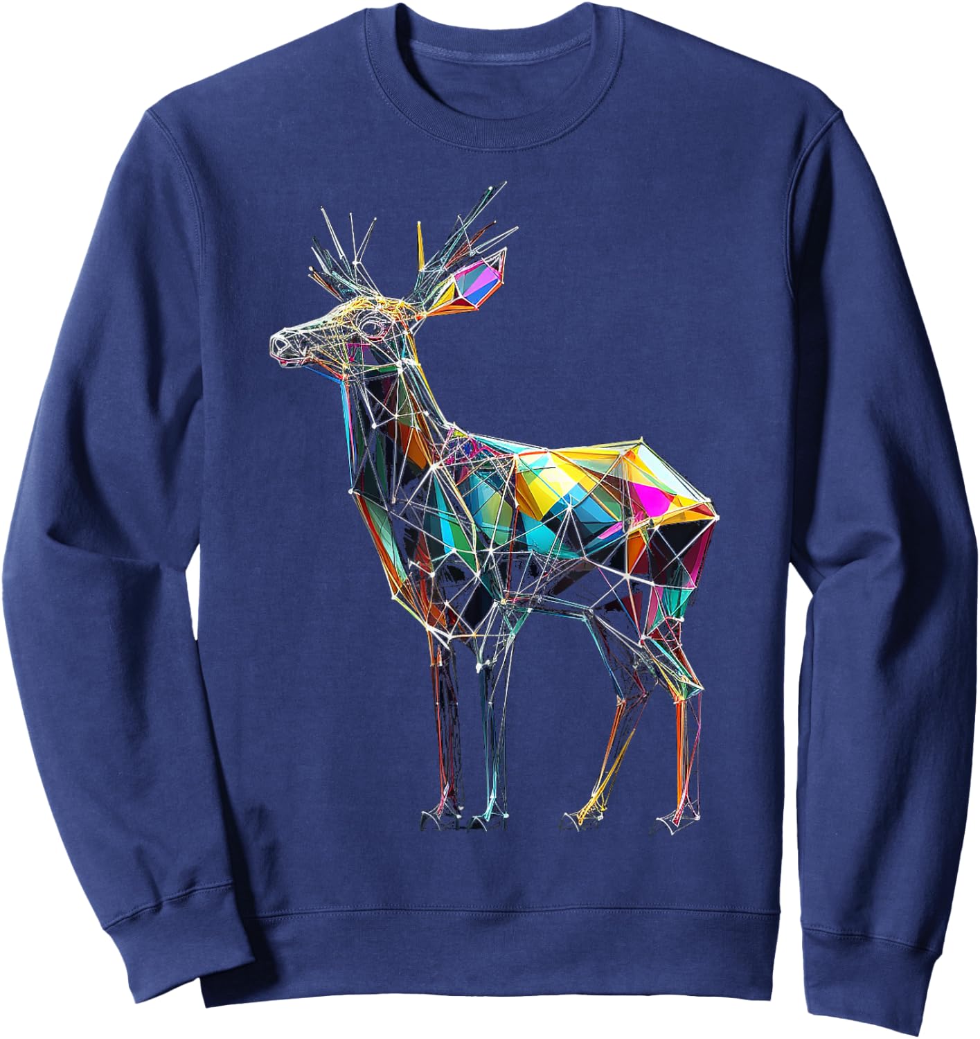 Deer Polygon Artwork | Geometric Colorful Animal Motif Deer Sweatshirt - Sweatshirt | Navy