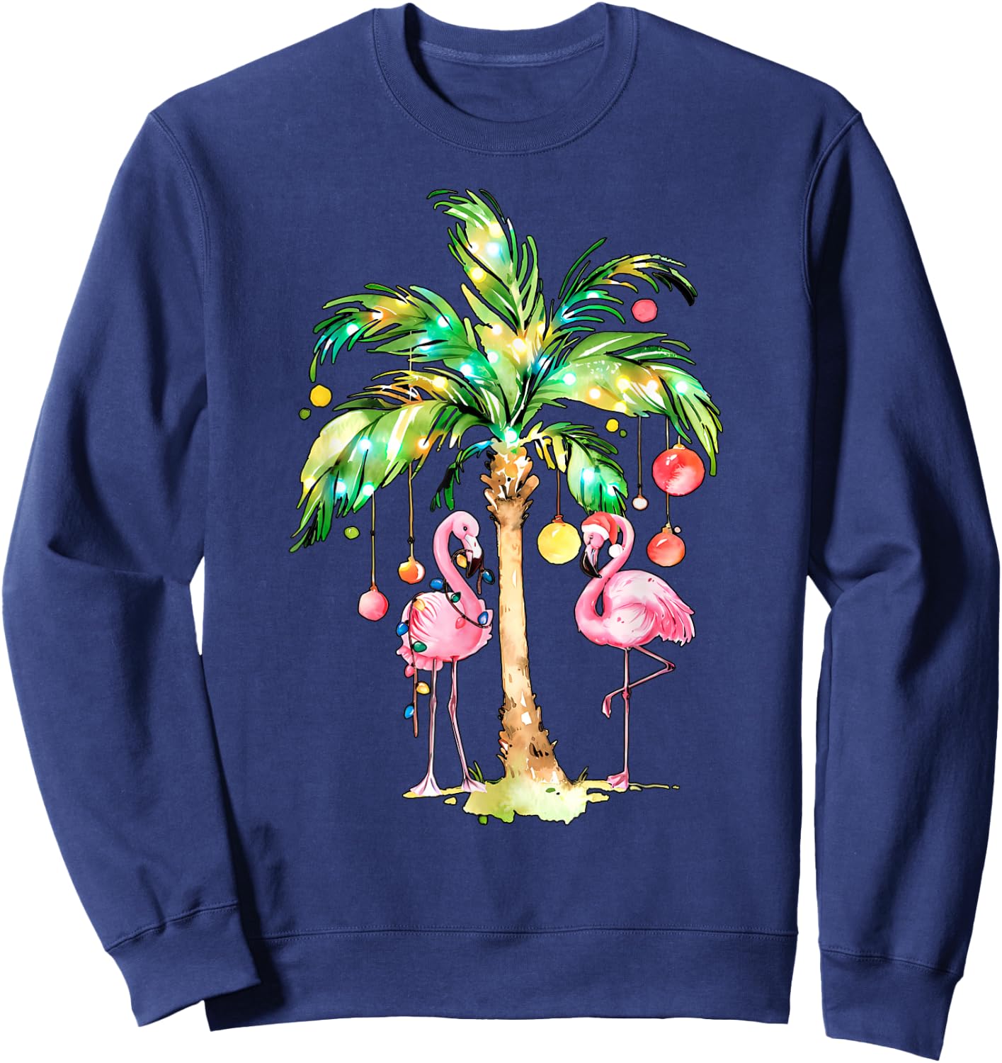 Pink Flamingo Christmas Palm Tree Tropical Xmas Holiday Sweatshirt - Sweatshirt | Navy