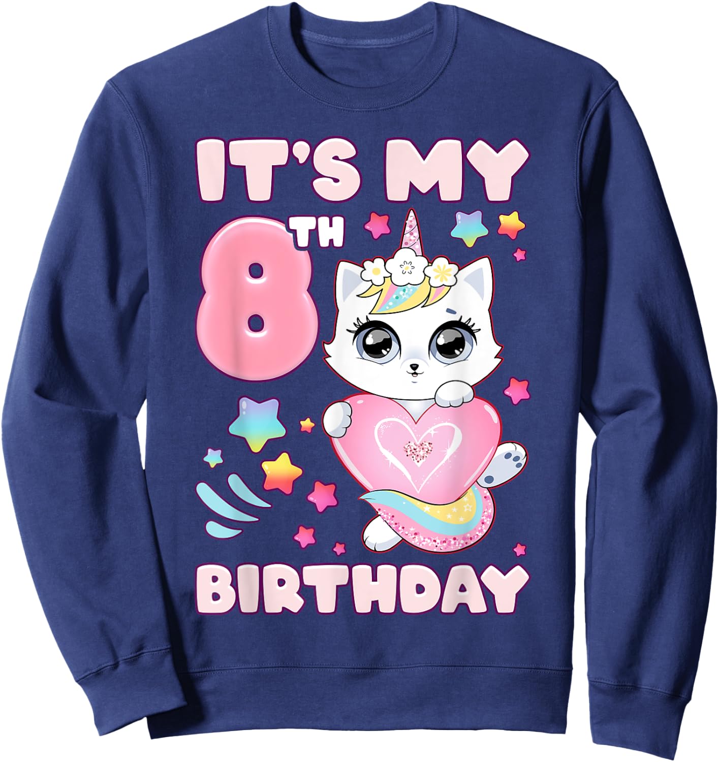 Birthday girl 8 years old cat unicorn 8th birthday Sweatshirt - Sweatshirt | Navy