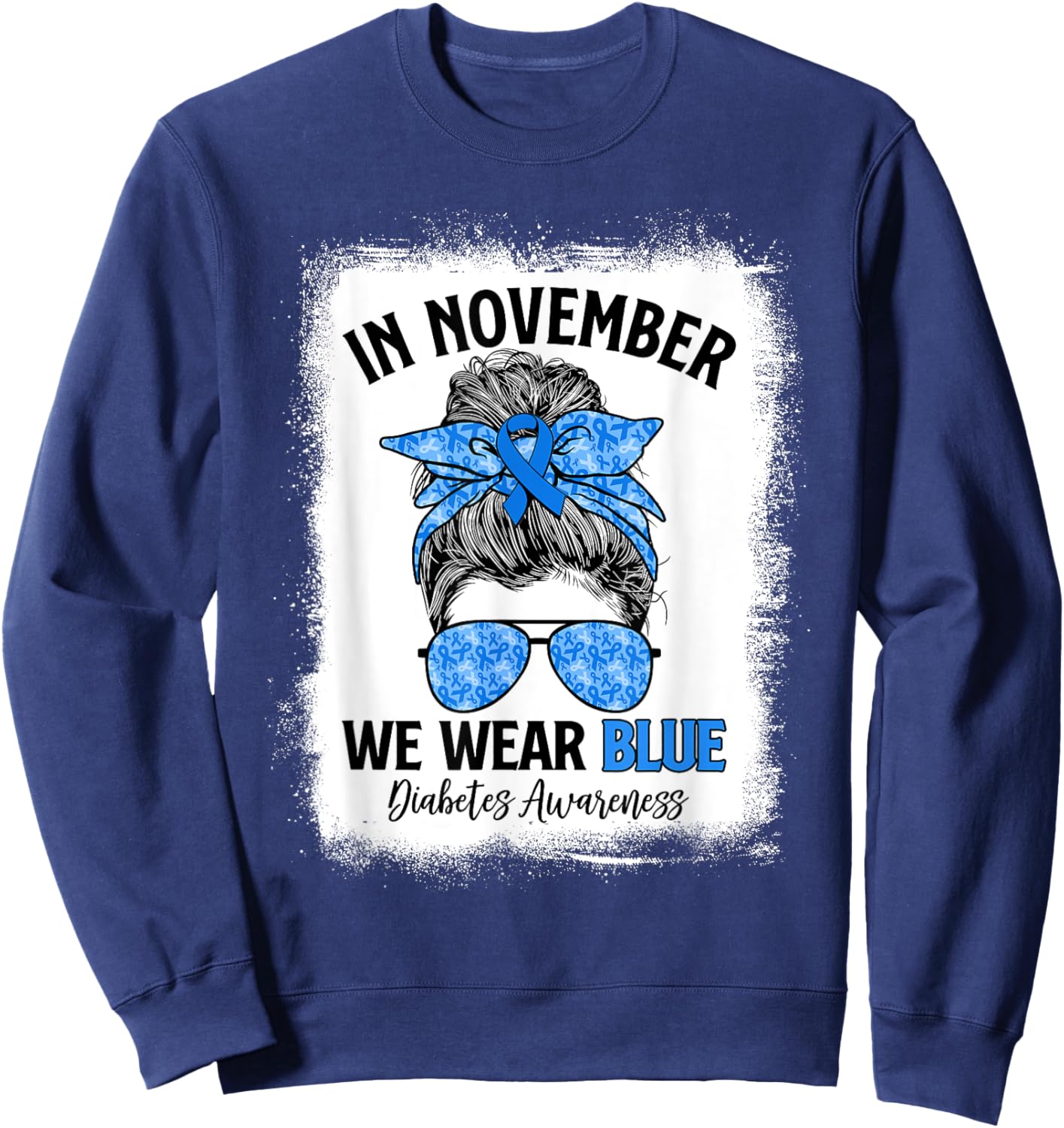 In November We Wear Blue Messy Bun Diabetes Awareness Sweatshirt - Sweatshirt | Navy