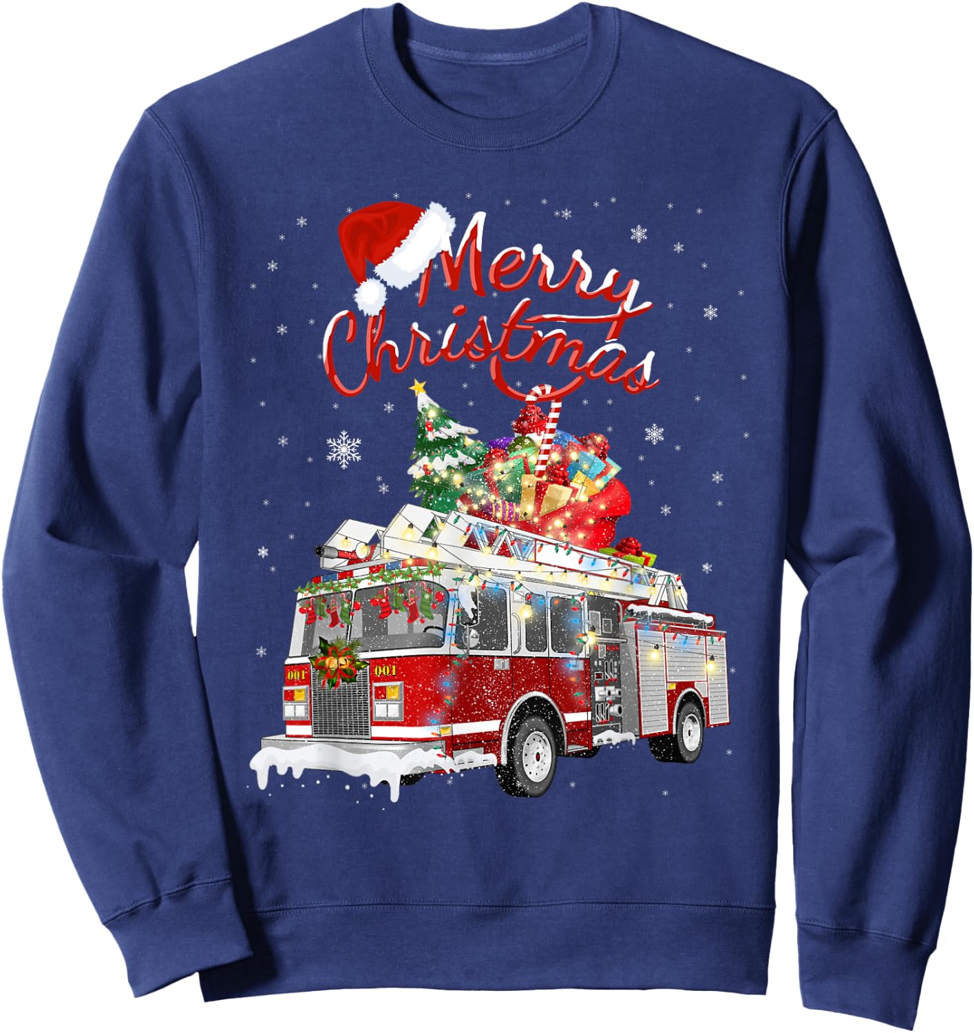 Firetruck Santa Sleigh Fireman Christmas Firefighter Xmas Sweatshirt - Sweatshirt | Navy