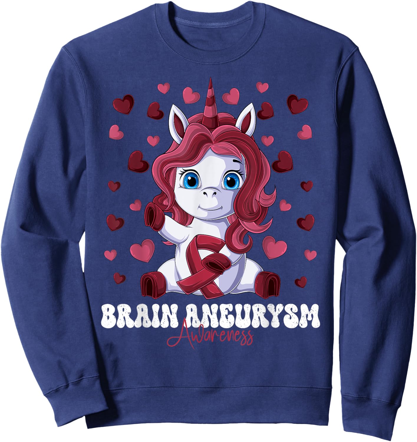 Brain Aneurysm Awareness Month Burgundy Ribbon Unicorn Sweatshirt - Sweatshirt | Navy