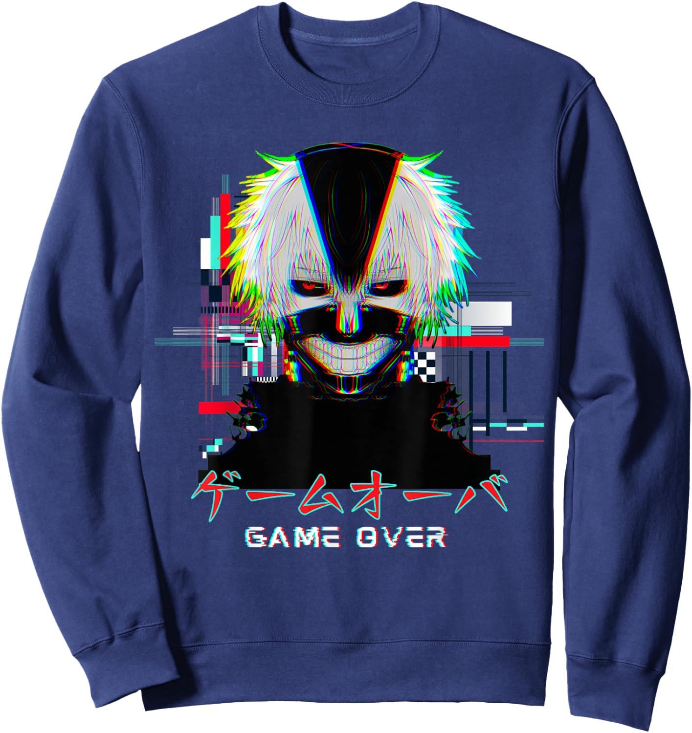 Japanese Vaporwave Anime Boy Game Over Glitch Aesthetic Sweatshirt - Sweatshirt | Navy