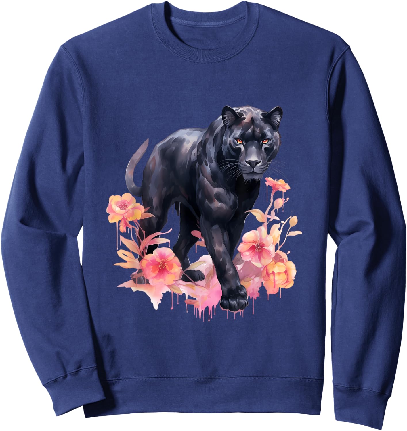 Black Panther Cat Pastel Flowers Safari Watercolor Men Women Kids Sweatshirt - Sweatshirt | Navy