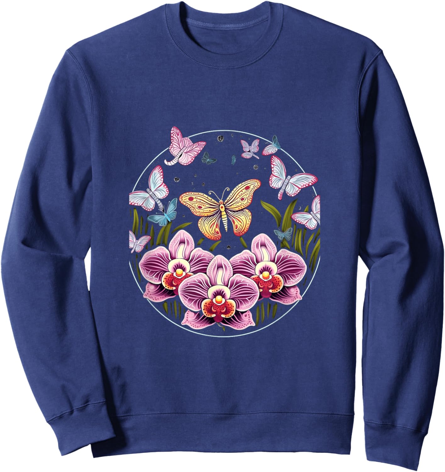 Orchids and Butterflies Butterfly Flower Orchid Plant Lovers Sweatshirt - Sweatshirt | Navy