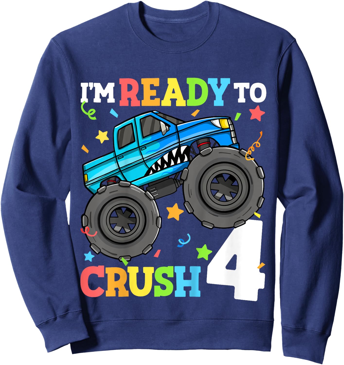 Kids Monster Truck Shark 4th Birthday Boy Toddler 4 Four Year Old Sweatshirt - Sweatshirt | Navy
