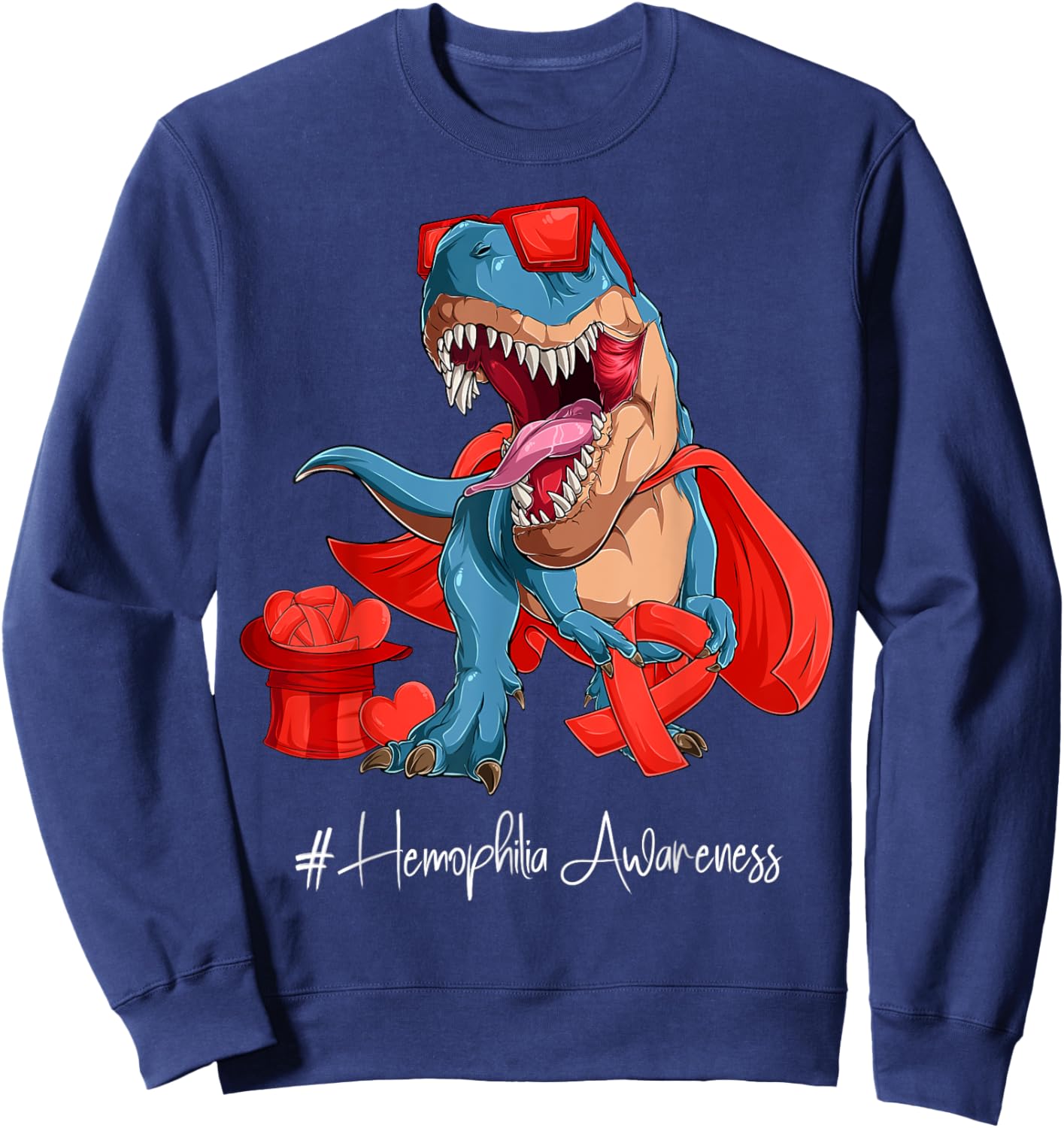 Hemophilia Awareness Month Red Ribbon Trex Sweatshirt - Sweatshirt | Navy