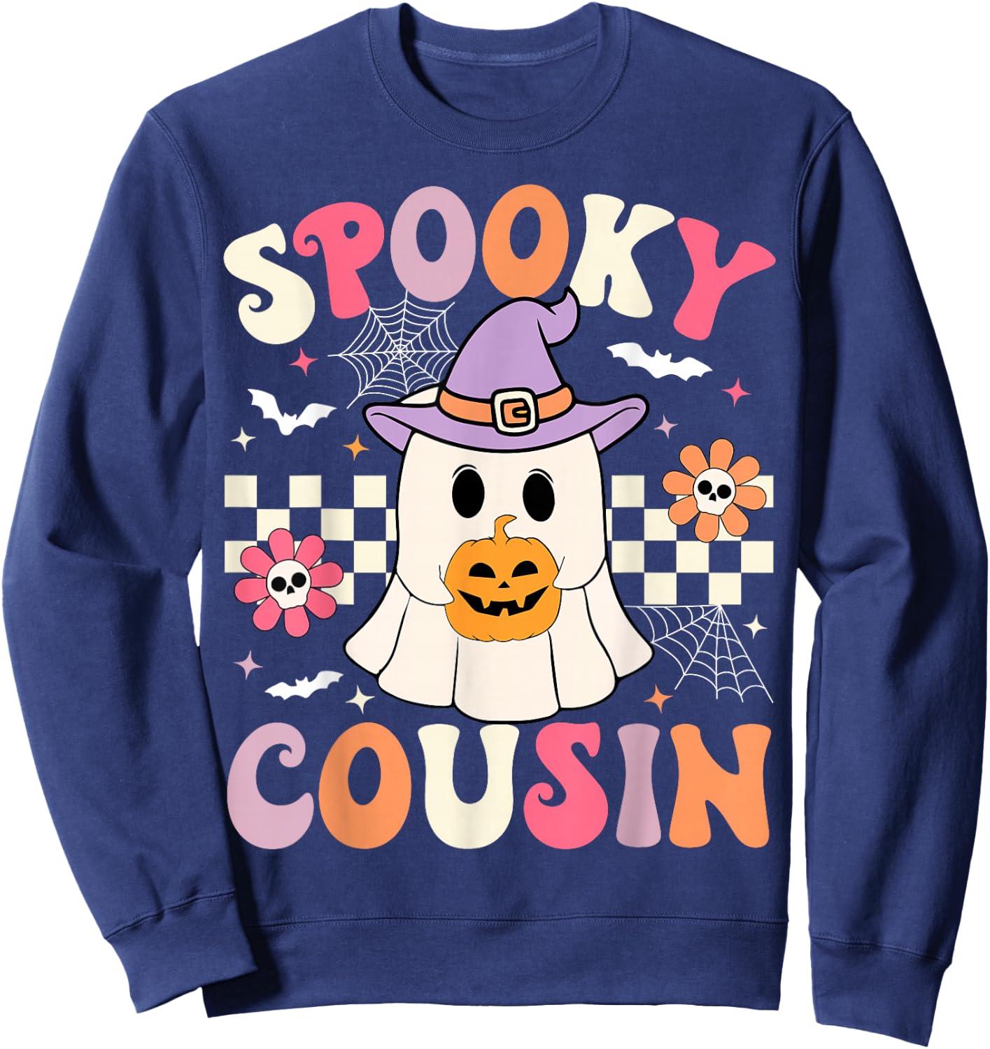 Groovy Spooky Cousin Retro Ghost Holding Pumpkin Halloween Sweatshirt - Sweatshirt | Navy