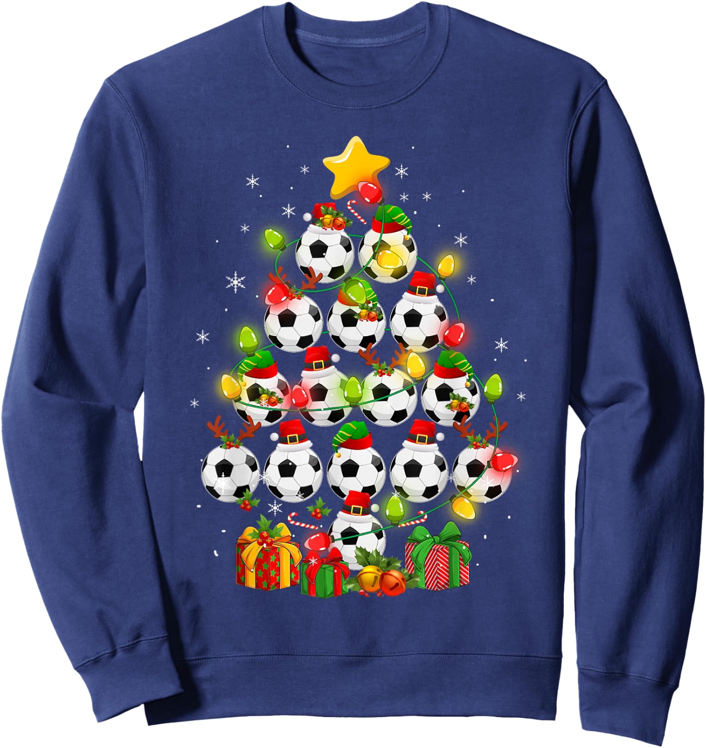 Soccer Balls Santa Elf Hat Christmas Tree Lights Ornaments Sweatshirt - Sweatshirt | Navy